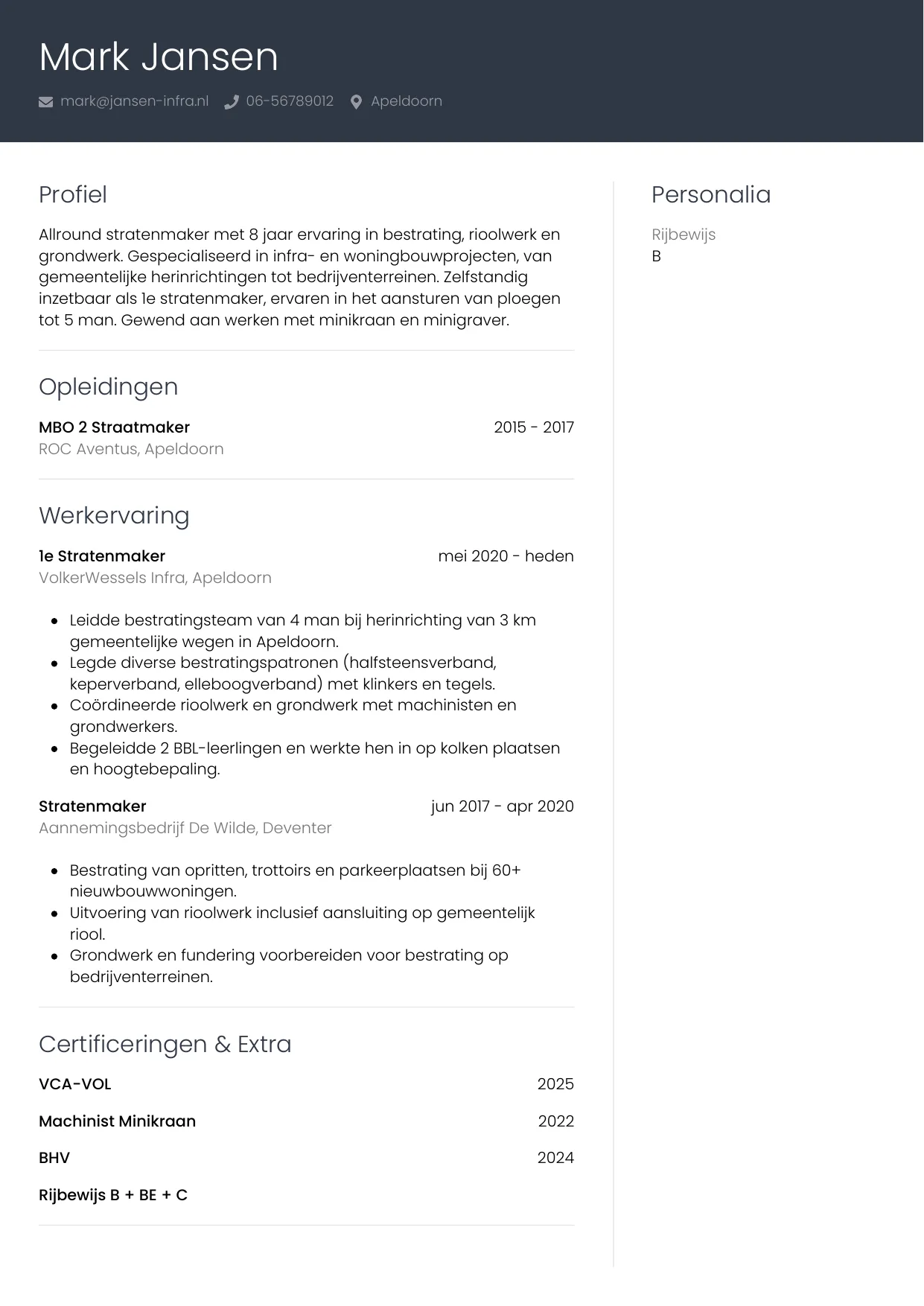 Voorbeeld CV voor stratenmaker in template Professioneel. CV Professioneel voor stratenmaker