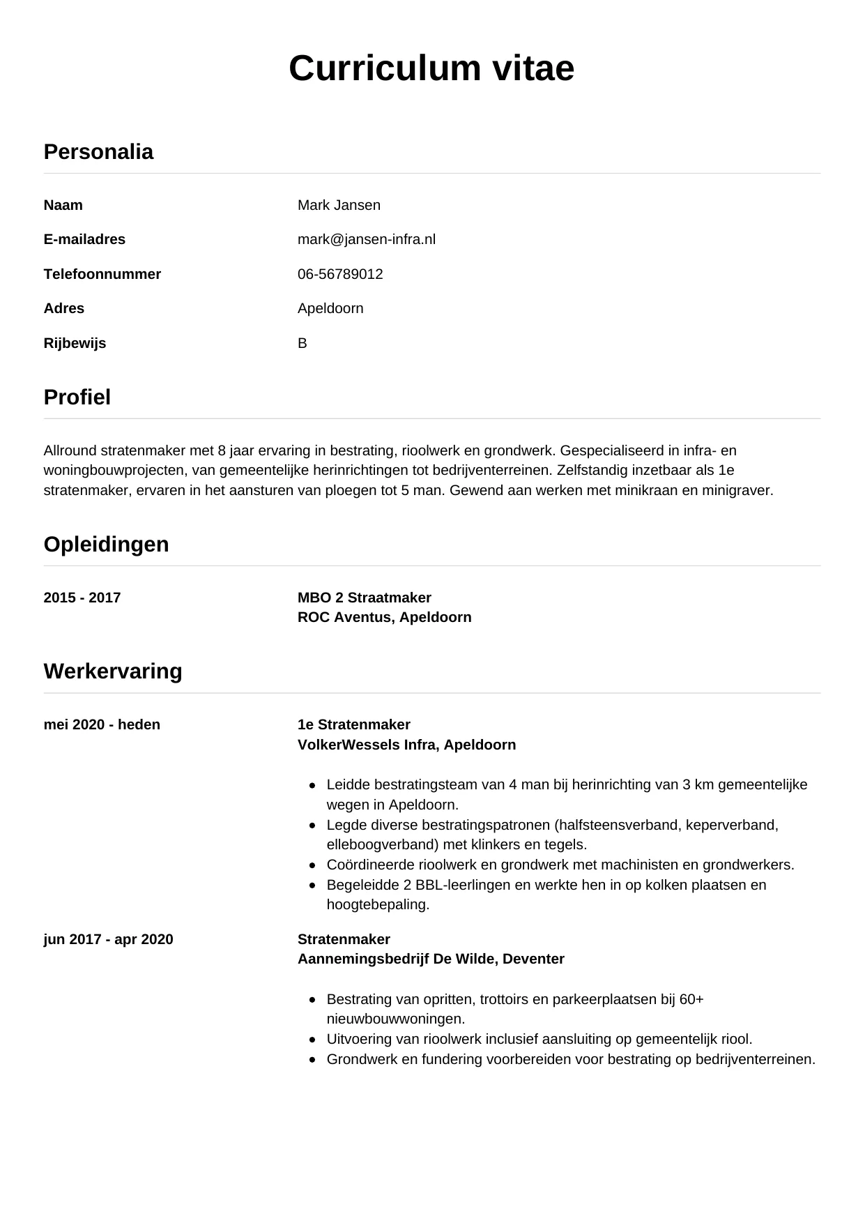 Voorbeeld CV voor stratenmaker in template Simpel. CV Simpel voor stratenmaker