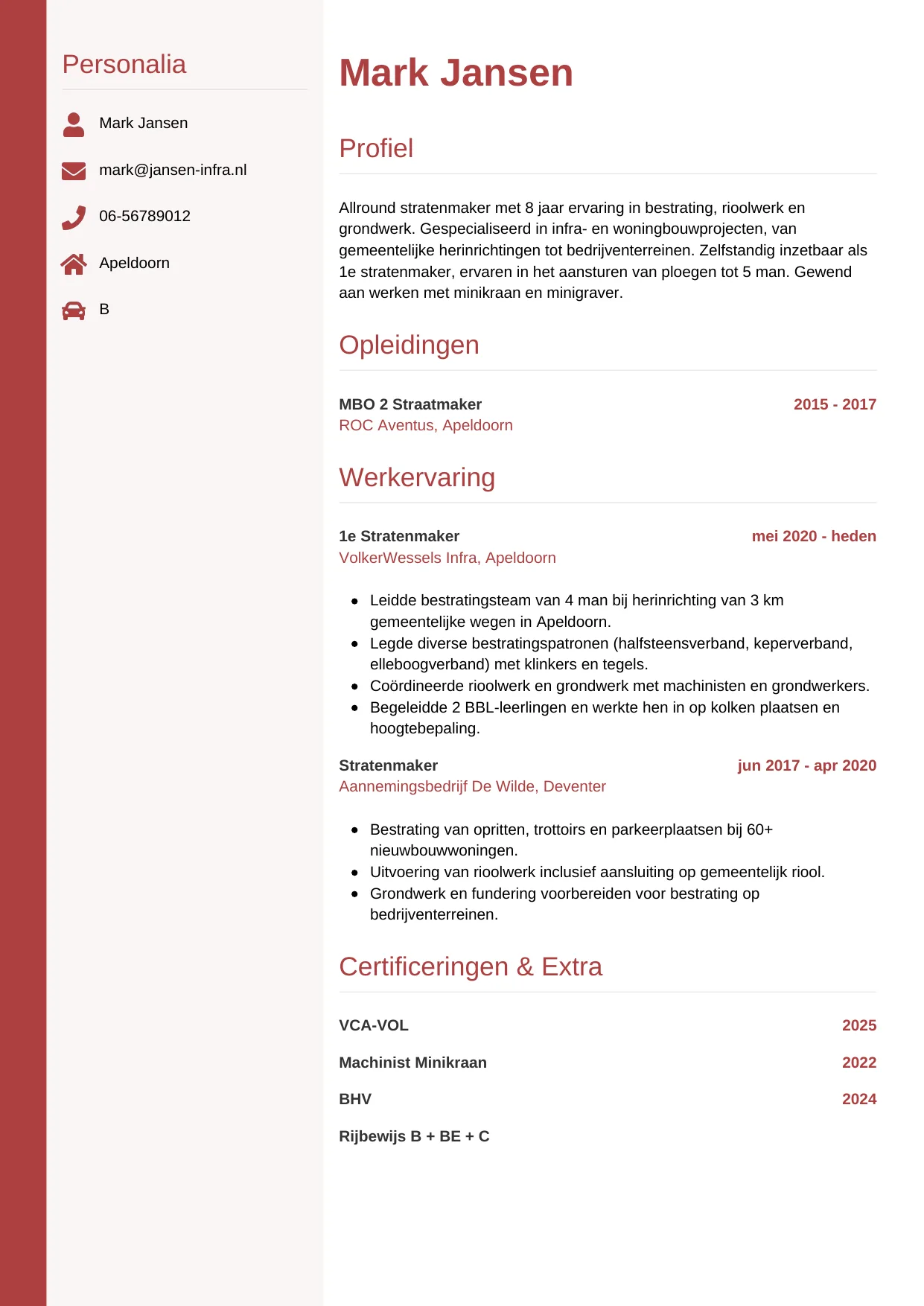 Voorbeeld CV voor stratenmaker in template Verticaal. CV Verticaal voor stratenmaker