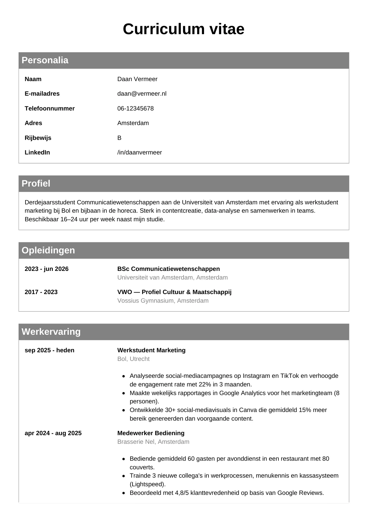 CV Klassiek voor student