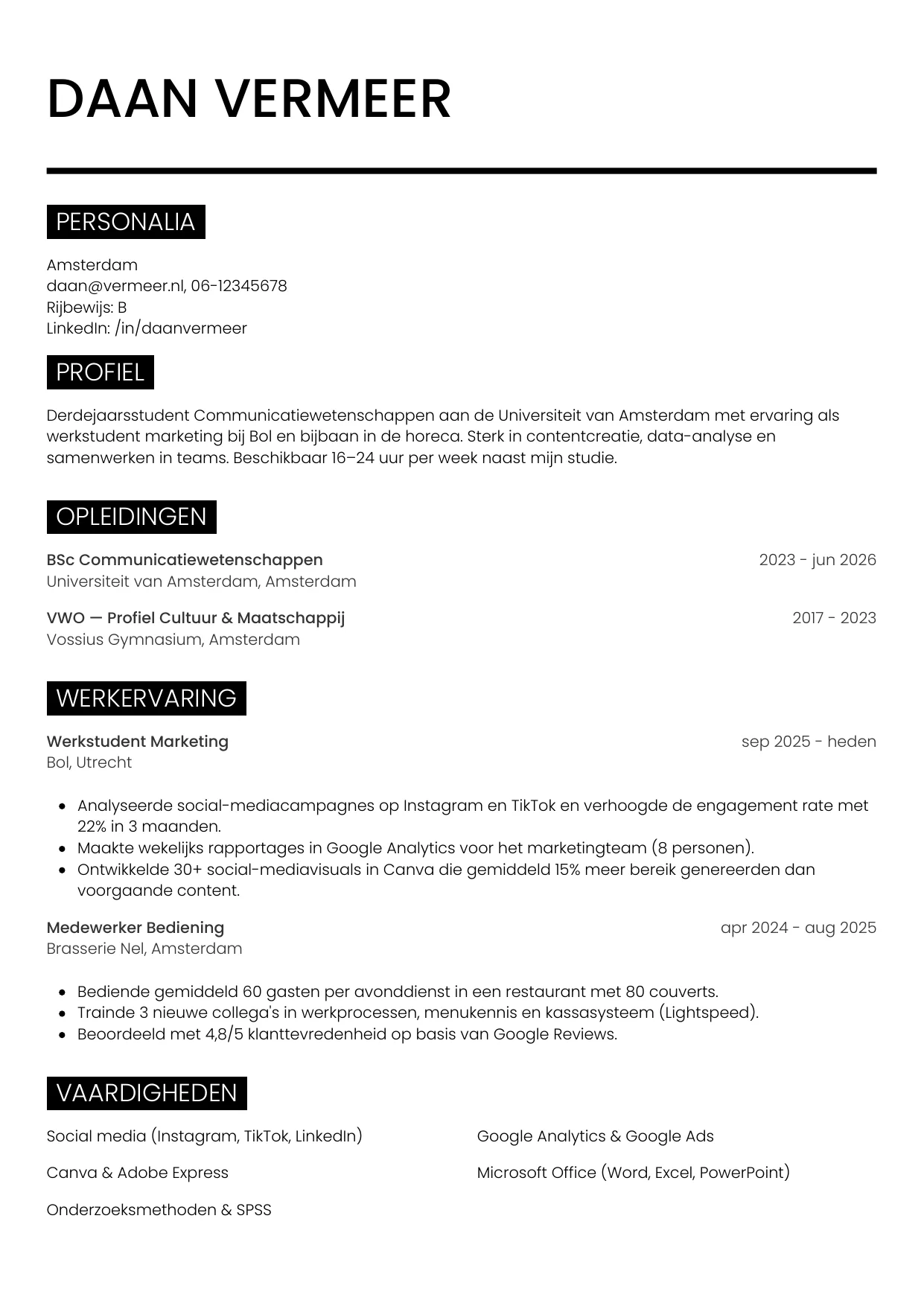 CV Metro voor student