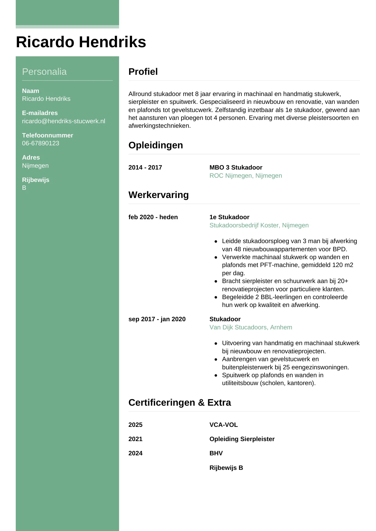 Voorbeeld CV voor stukadoor in template Casual. CV Casual voor stukadoor