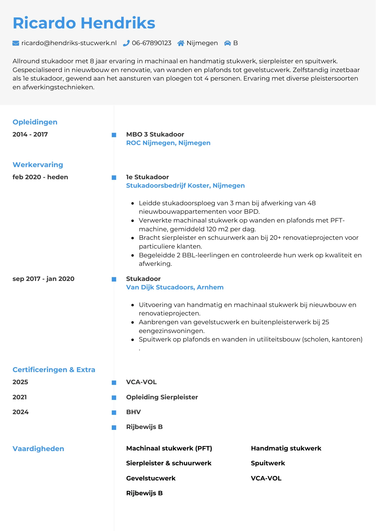Voorbeeld CV voor stukadoor in template Chrono. CV Chrono voor stukadoor