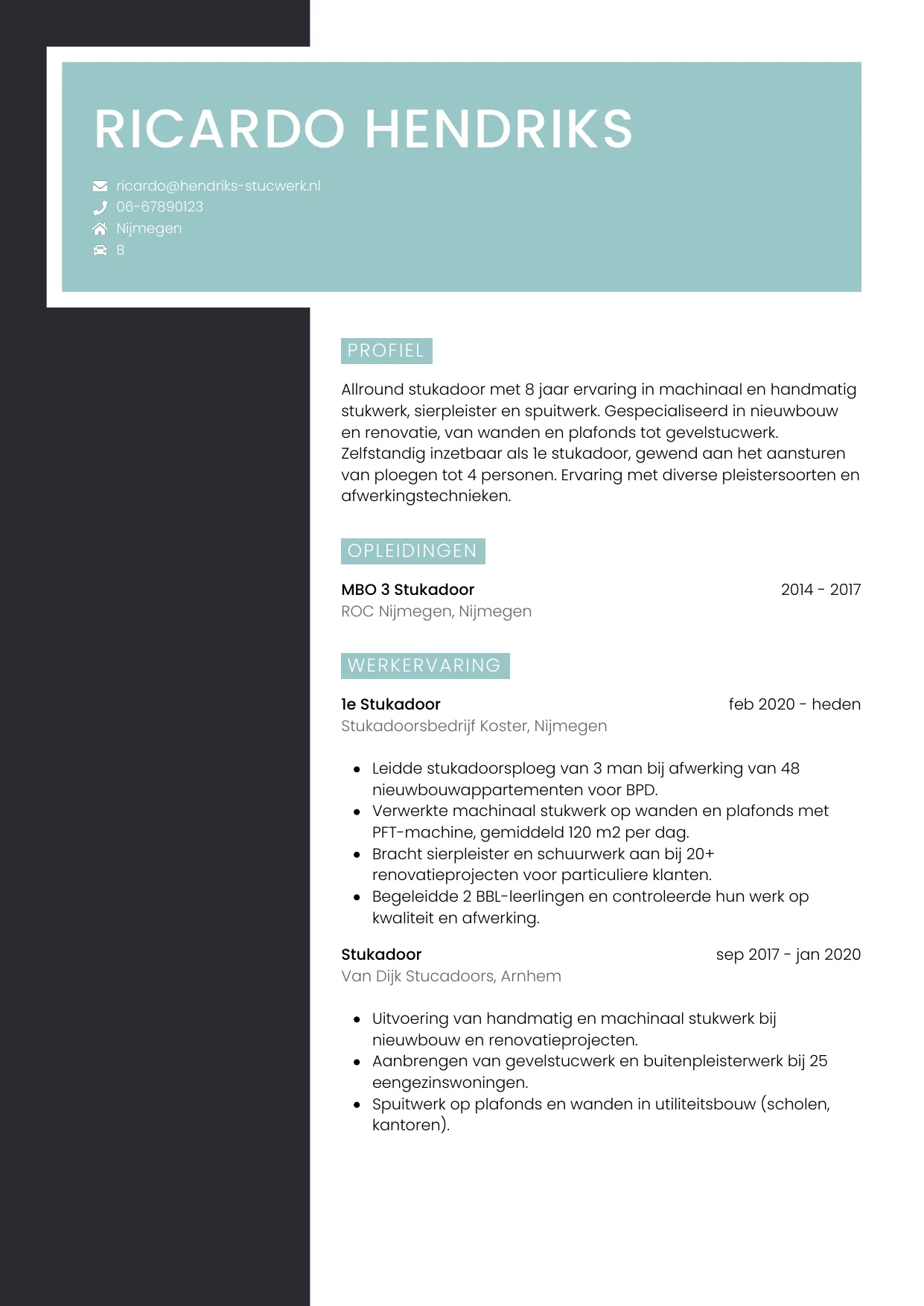 Voorbeeld CV voor stukadoor in template Elegant. CV Elegant voor stukadoor