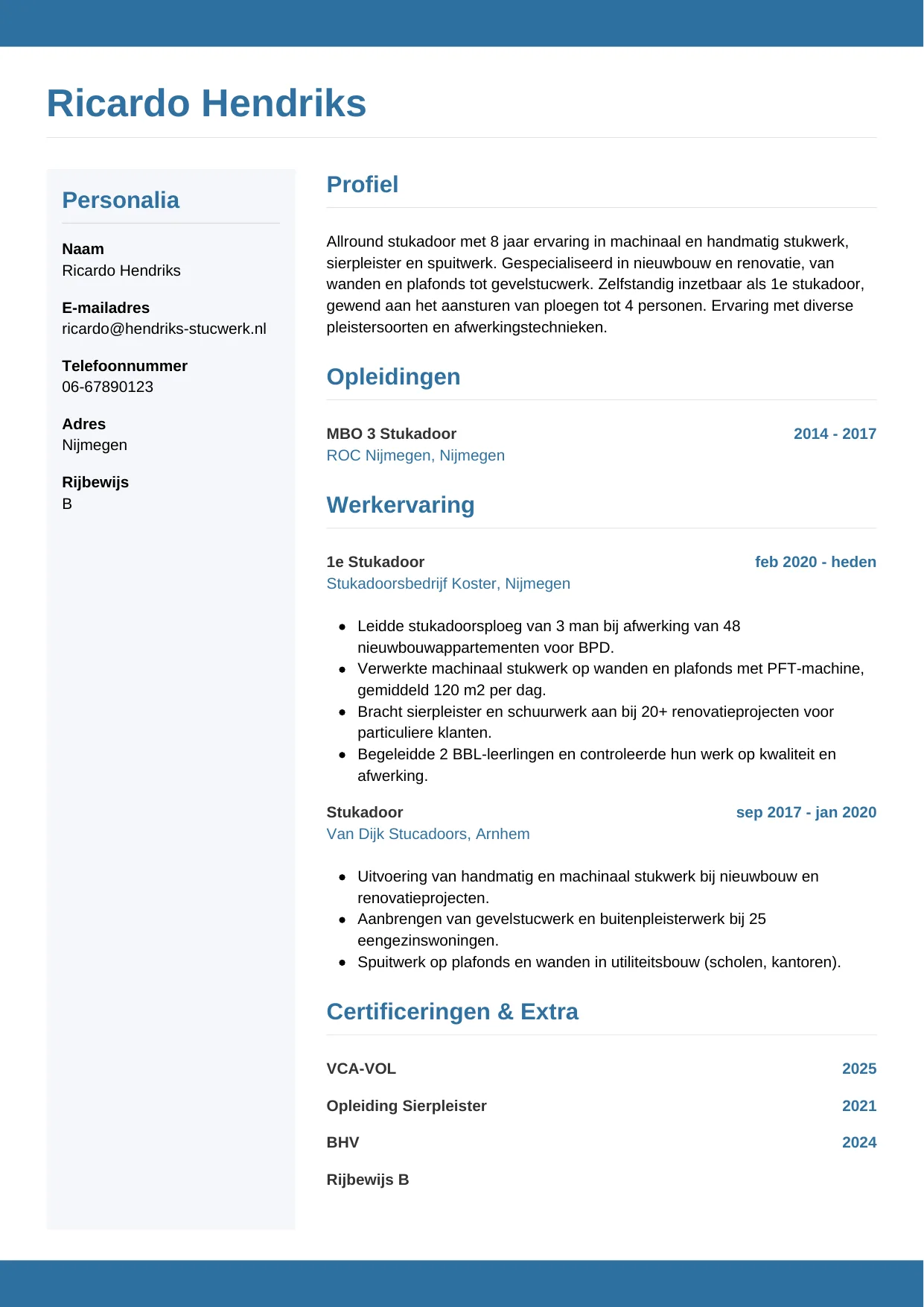 Voorbeeld CV voor stukadoor in template Horizontaal. CV Horizontaal voor stukadoor