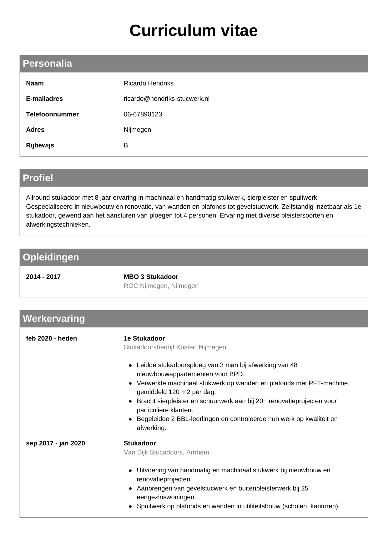 Voorbeeld CV voor stukadoor in template Klassiek. CV Klassiek voor stukadoor