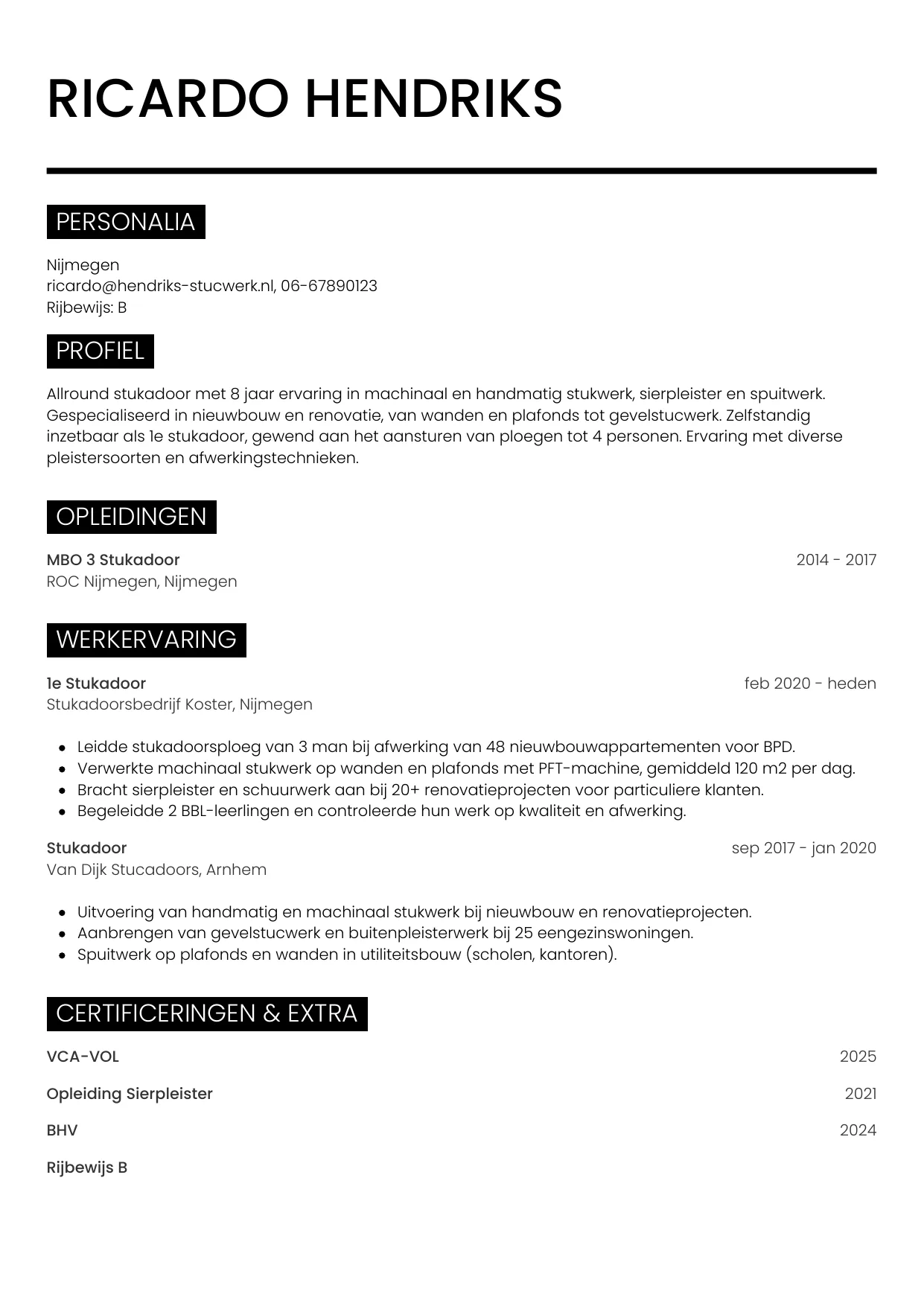 Voorbeeld CV voor stukadoor in template Metro. CV Metro voor stukadoor