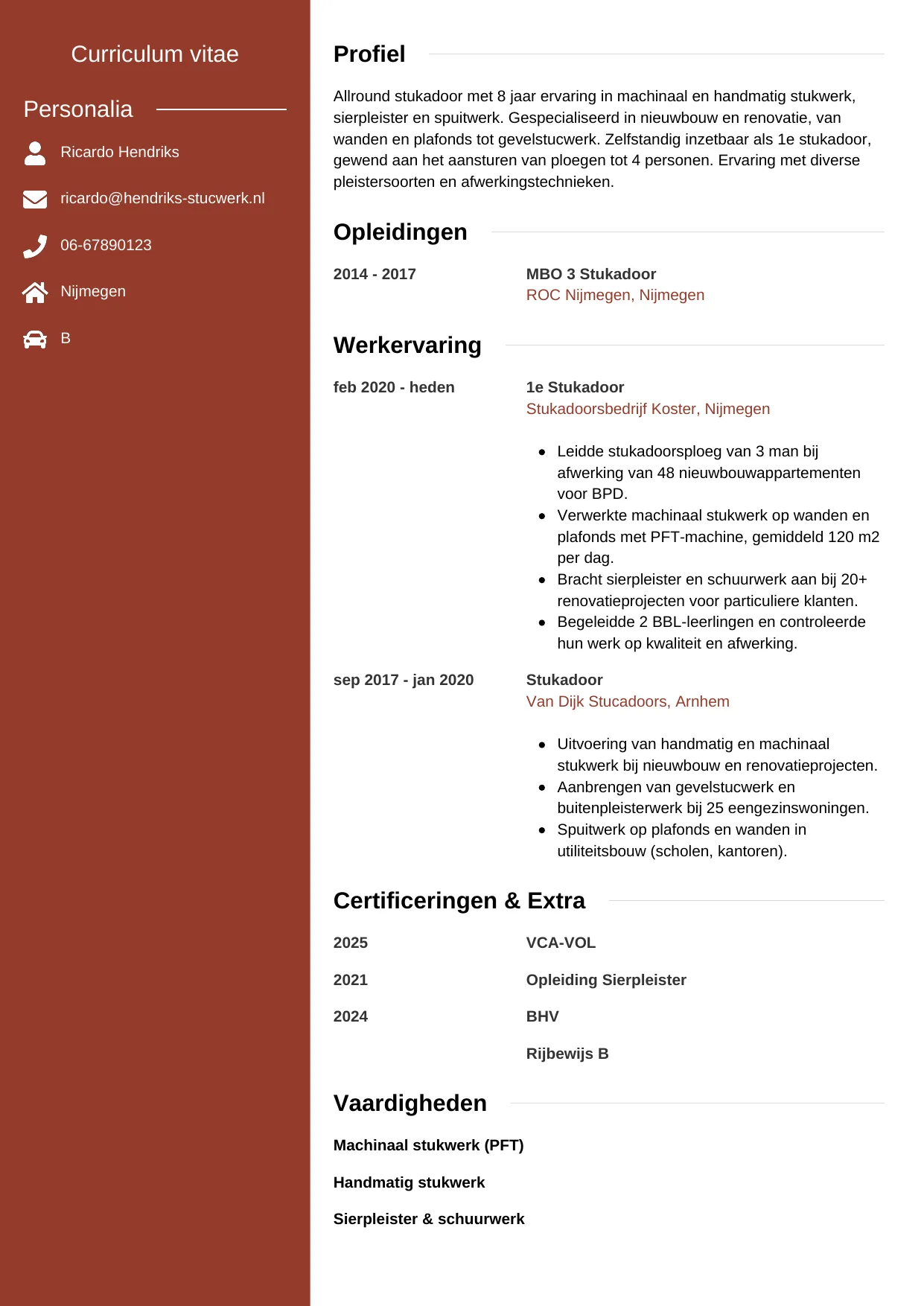 Voorbeeld CV voor stukadoor in template Modern. CV Modern voor stukadoor