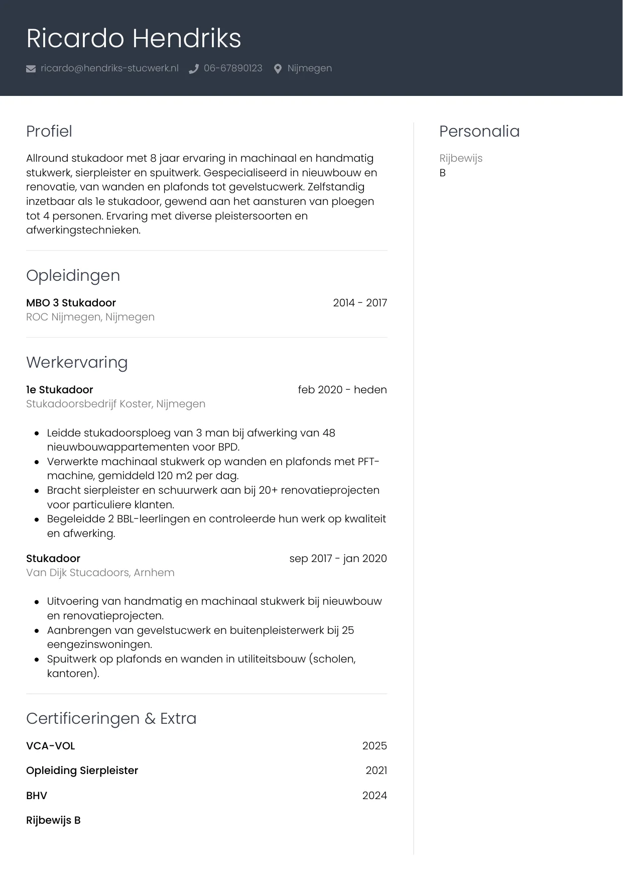 Voorbeeld CV voor stukadoor in template Professioneel. CV Professioneel voor stukadoor
