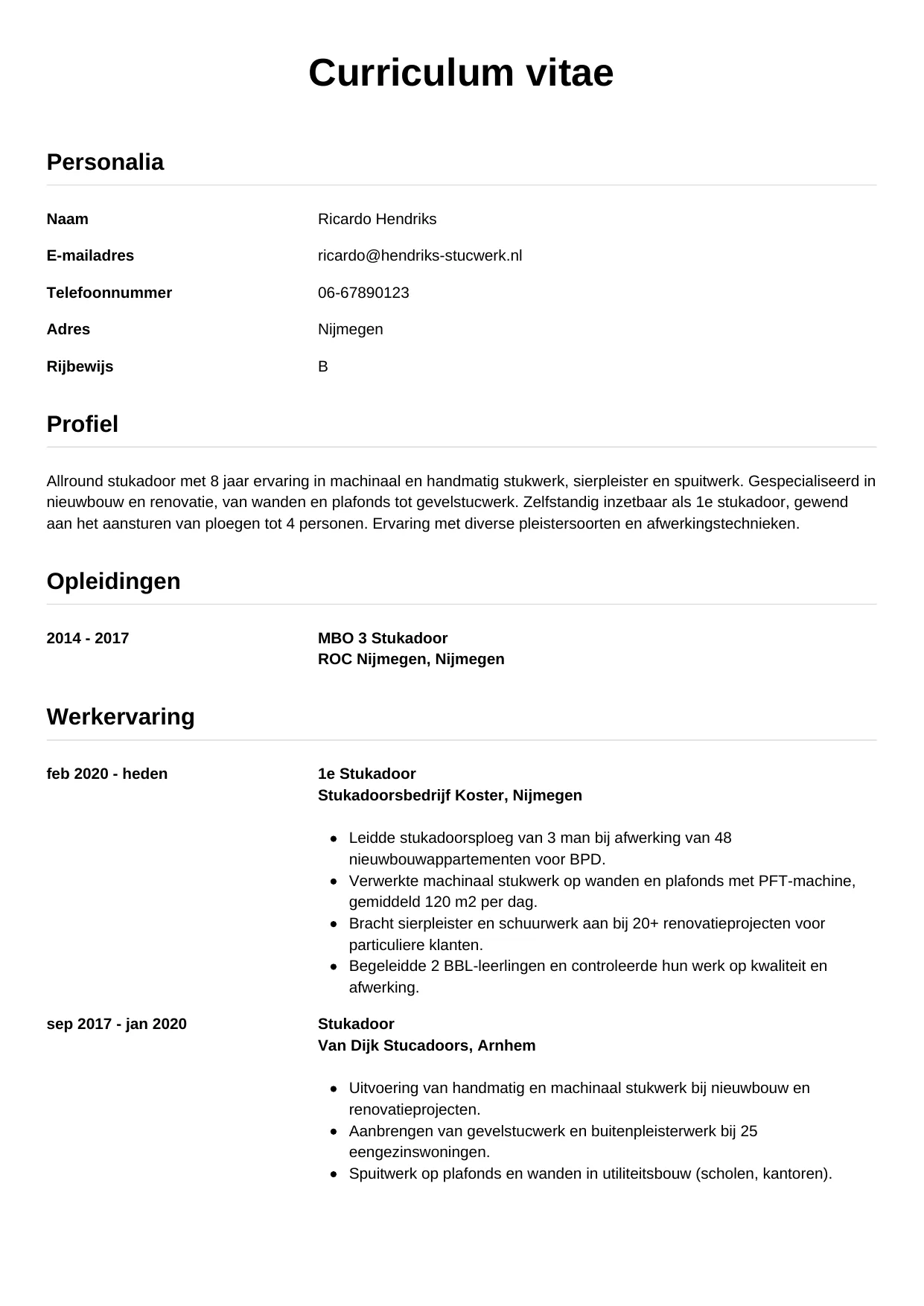 Voorbeeld CV voor stukadoor in template Simpel. CV Simpel voor stukadoor