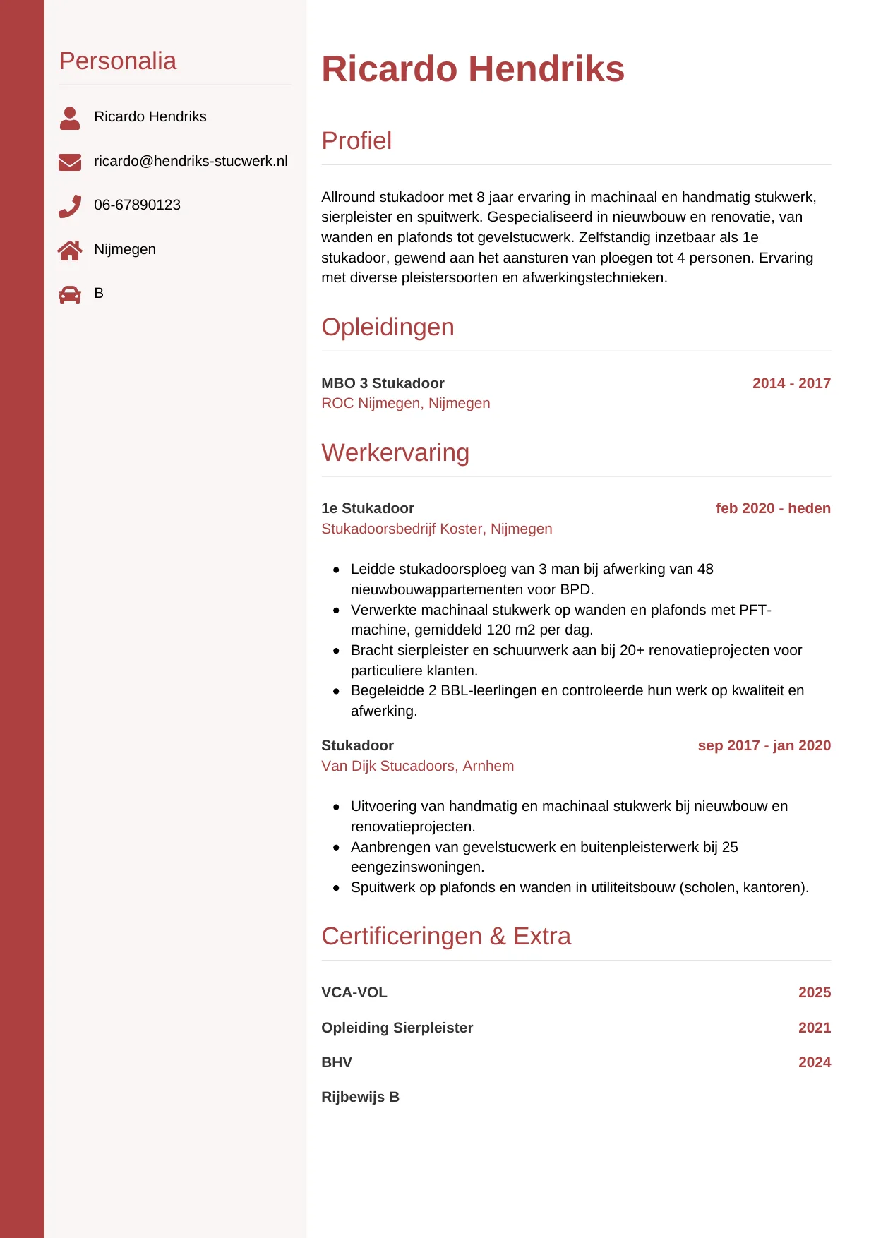 Voorbeeld CV voor stukadoor in template Verticaal. CV Verticaal voor stukadoor
