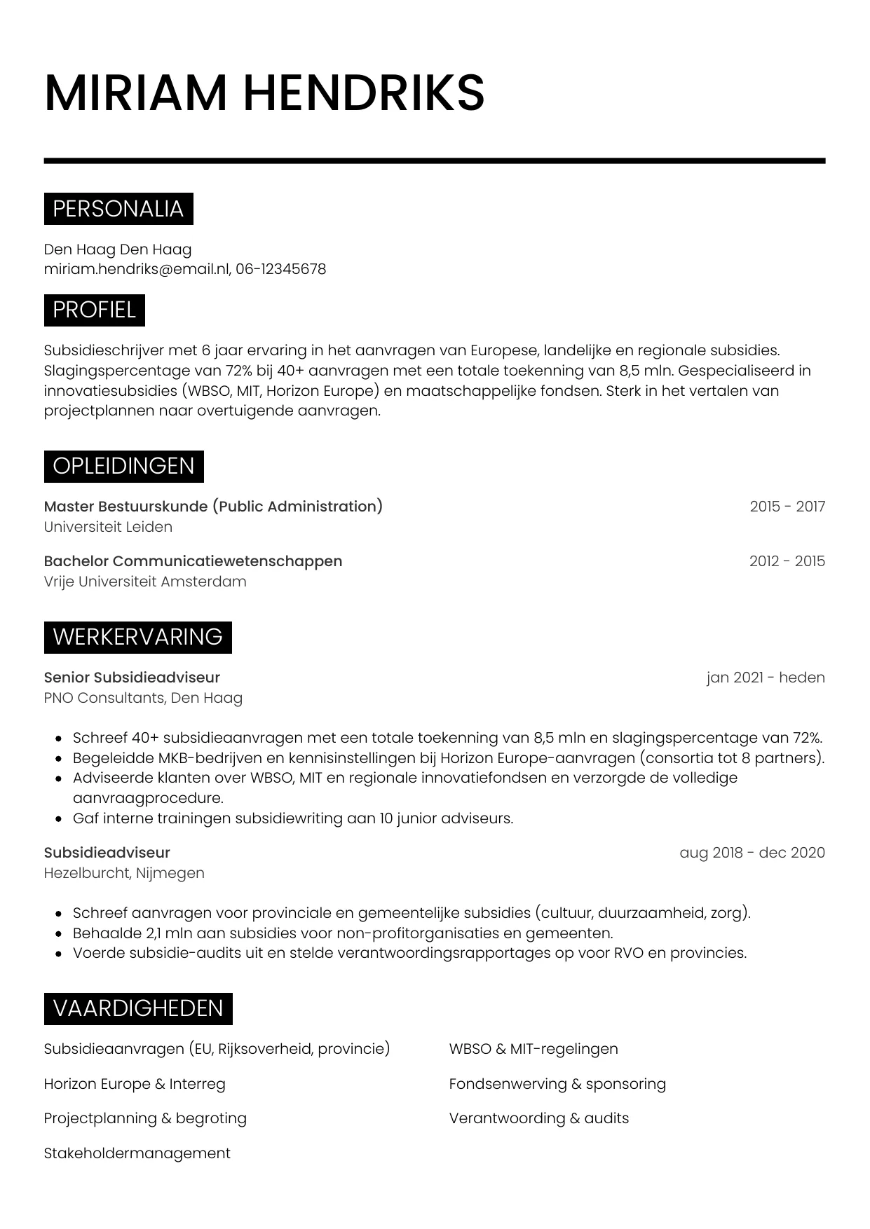 CV Metro voor subsidieschrijver