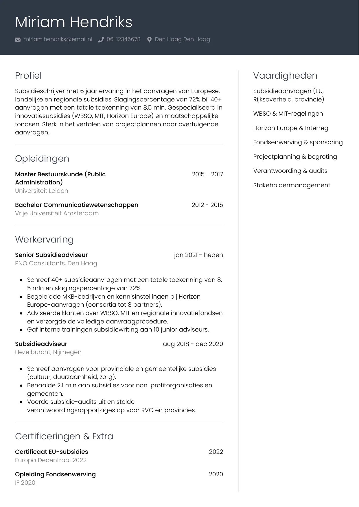CV Professioneel voor subsidieschrijver