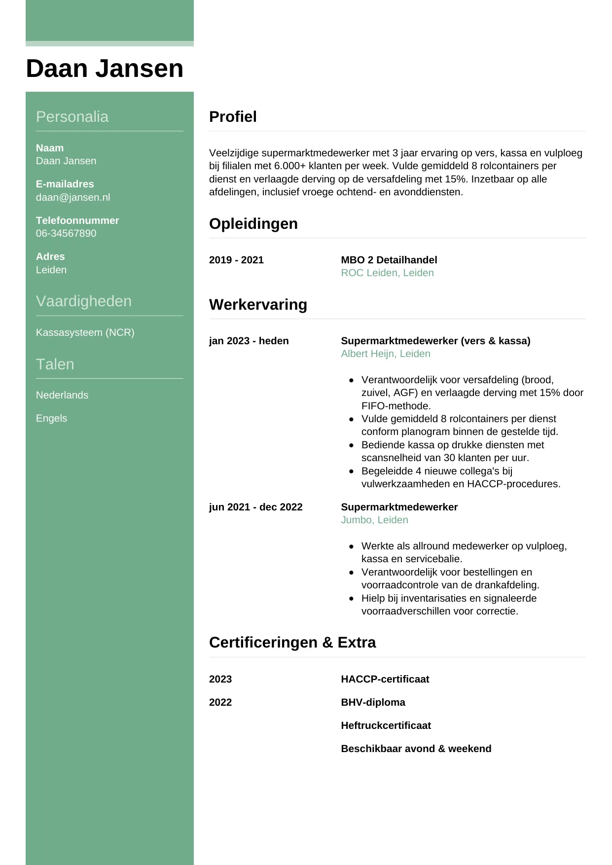 Voorbeeld CV voor supermarktmedewerker in template Casual. CV Casual voor supermarktmedewerker