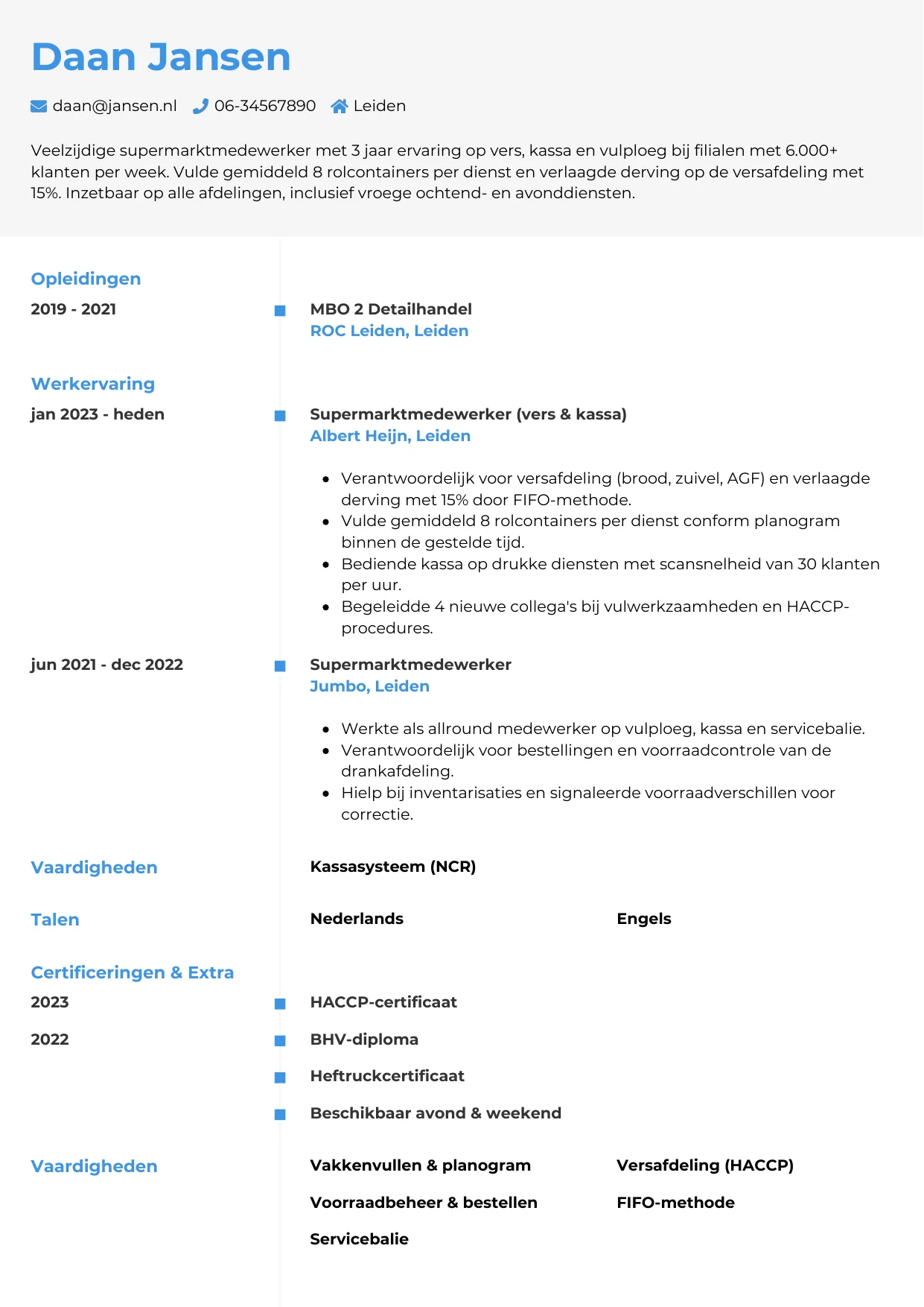 Voorbeeld CV voor supermarktmedewerker in template Chrono. CV Chrono voor supermarktmedewerker