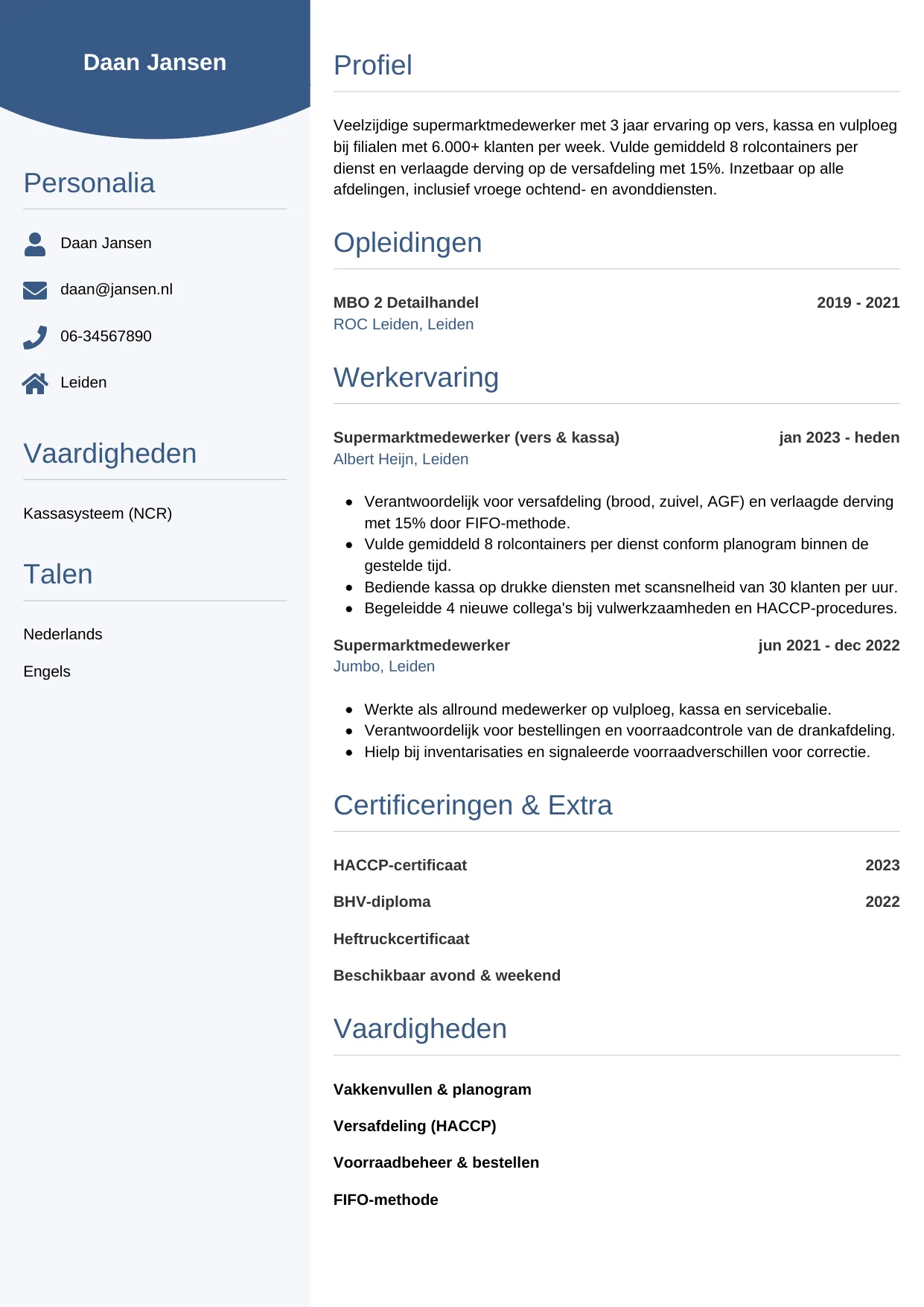 Voorbeeld CV voor supermarktmedewerker in template Circulair. CV Circulair voor supermarktmedewerker