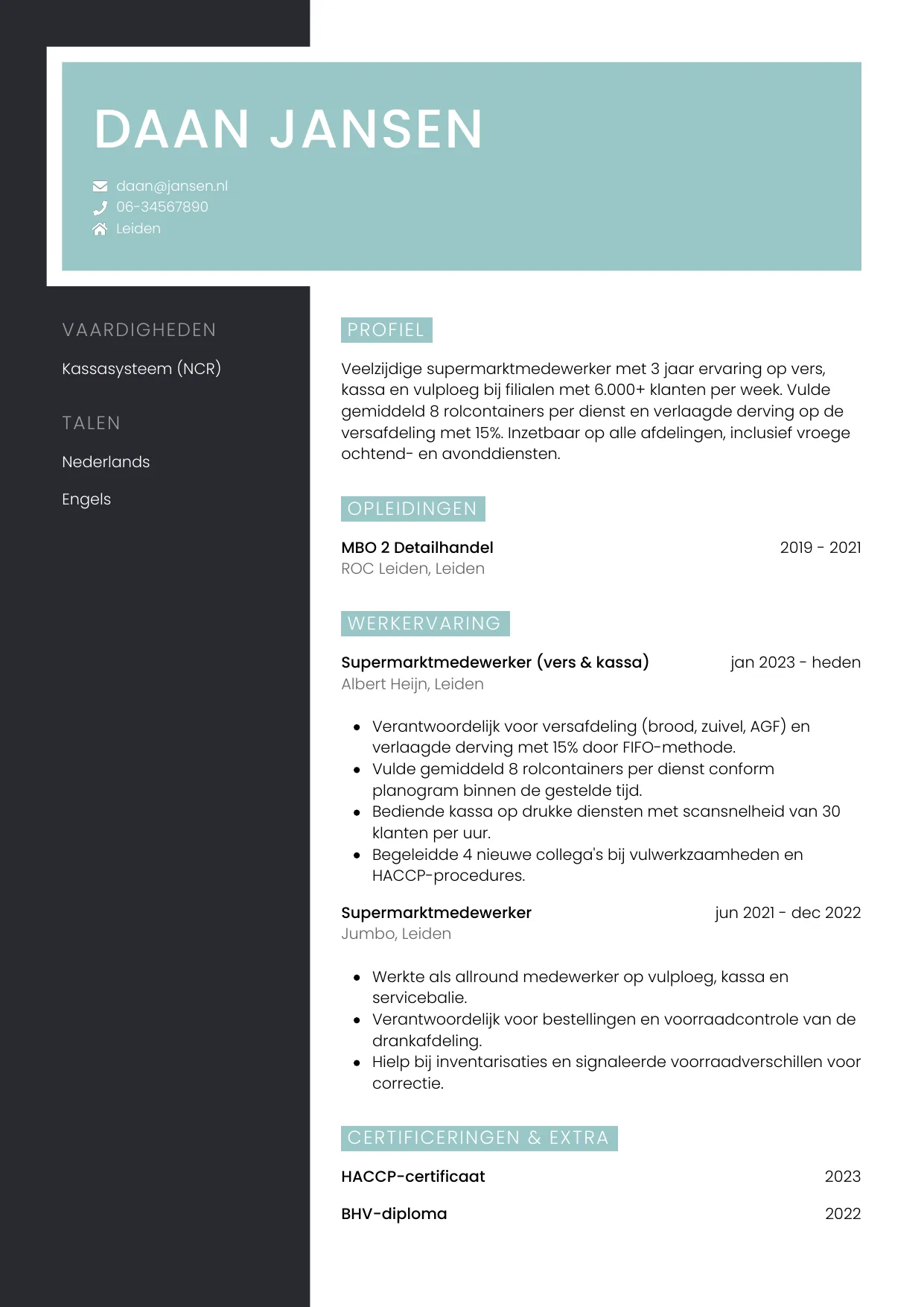 Voorbeeld CV voor supermarktmedewerker in template Elegant. CV Elegant voor supermarktmedewerker