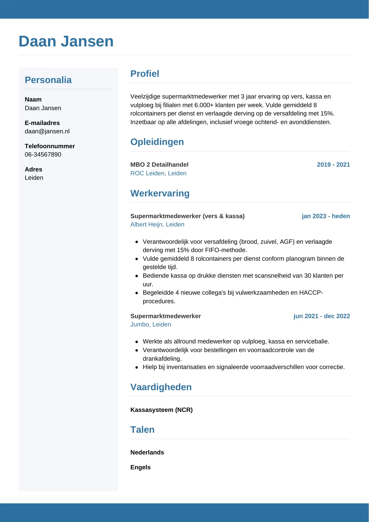 Voorbeeld CV voor supermarktmedewerker in template Horizontaal. CV Horizontaal voor supermarktmedewerker