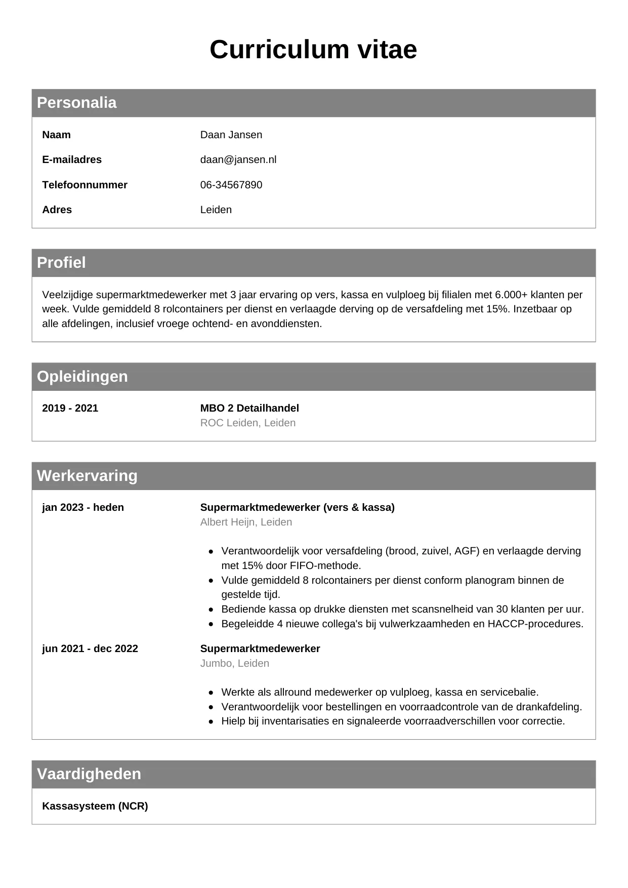 Voorbeeld CV voor supermarktmedewerker in template Klassiek. CV Klassiek voor supermarktmedewerker
