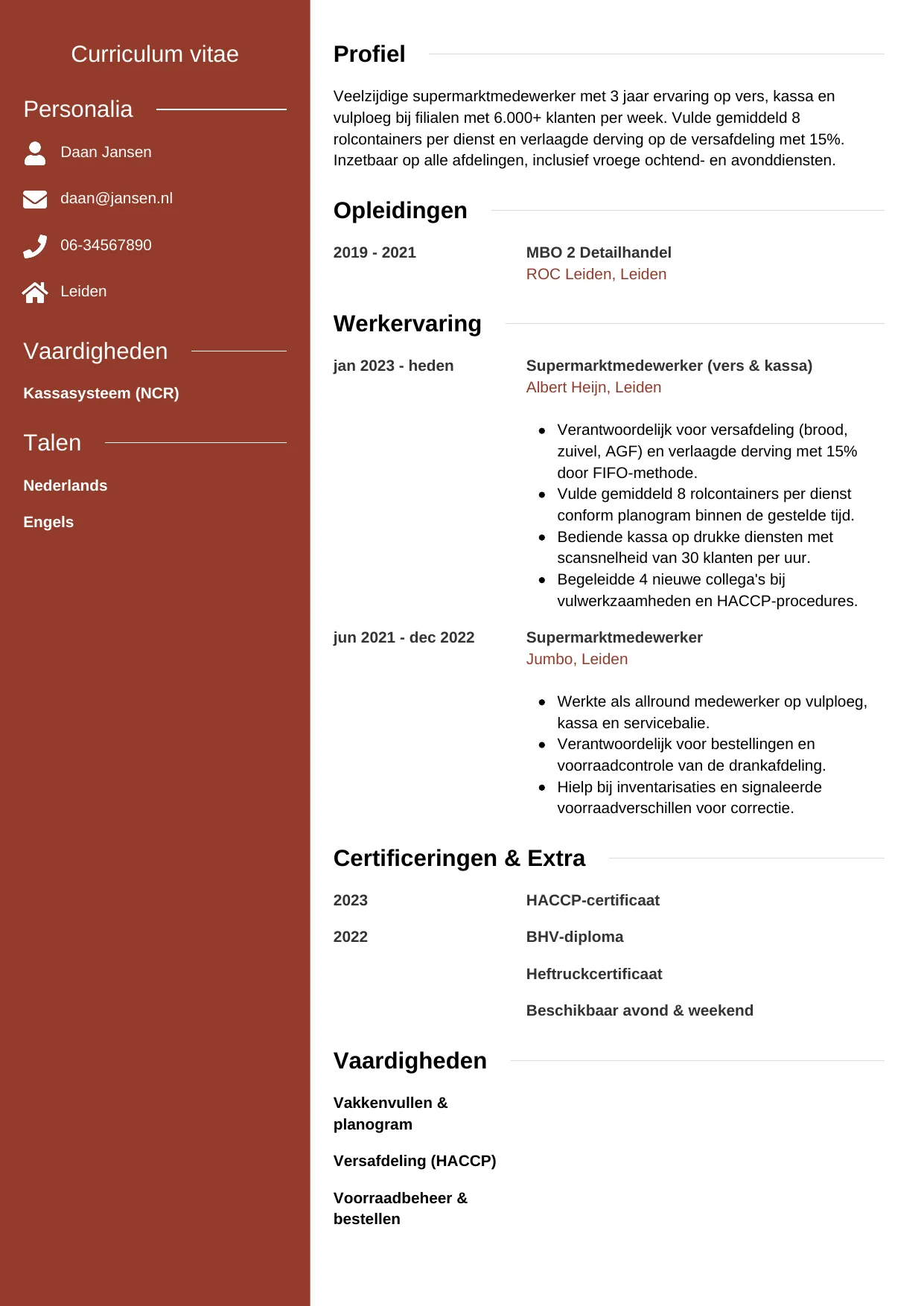 Voorbeeld CV voor supermarktmedewerker in template Modern. CV Modern voor supermarktmedewerker