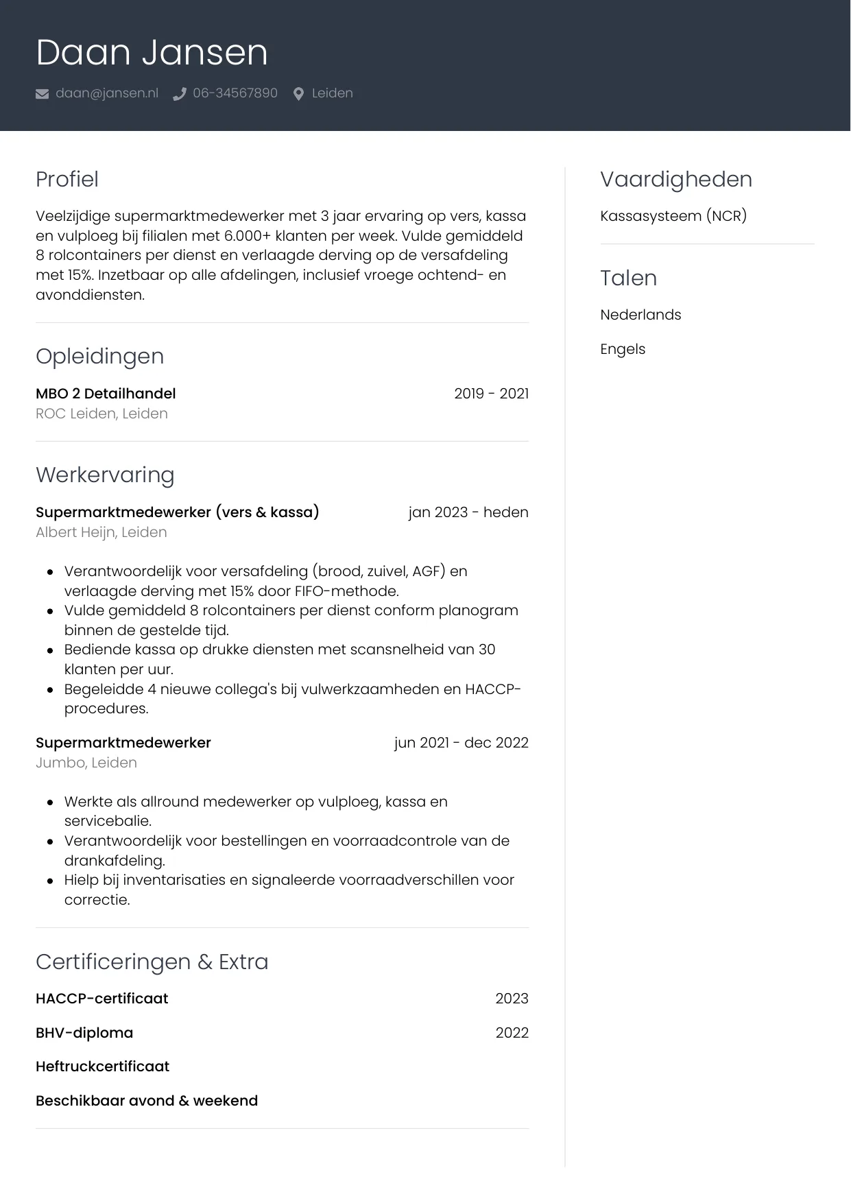 Voorbeeld CV voor supermarktmedewerker in template Professioneel. CV Professioneel voor supermarktmedewerker