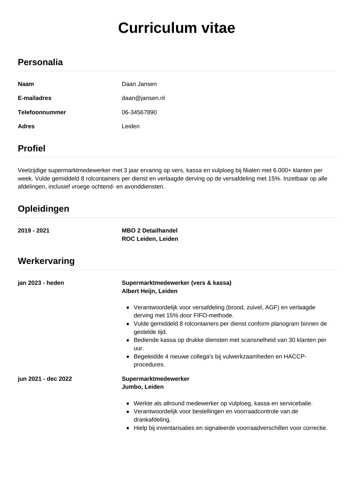 Voorbeeld CV voor supermarktmedewerker in template Simpel. CV Simpel voor supermarktmedewerker