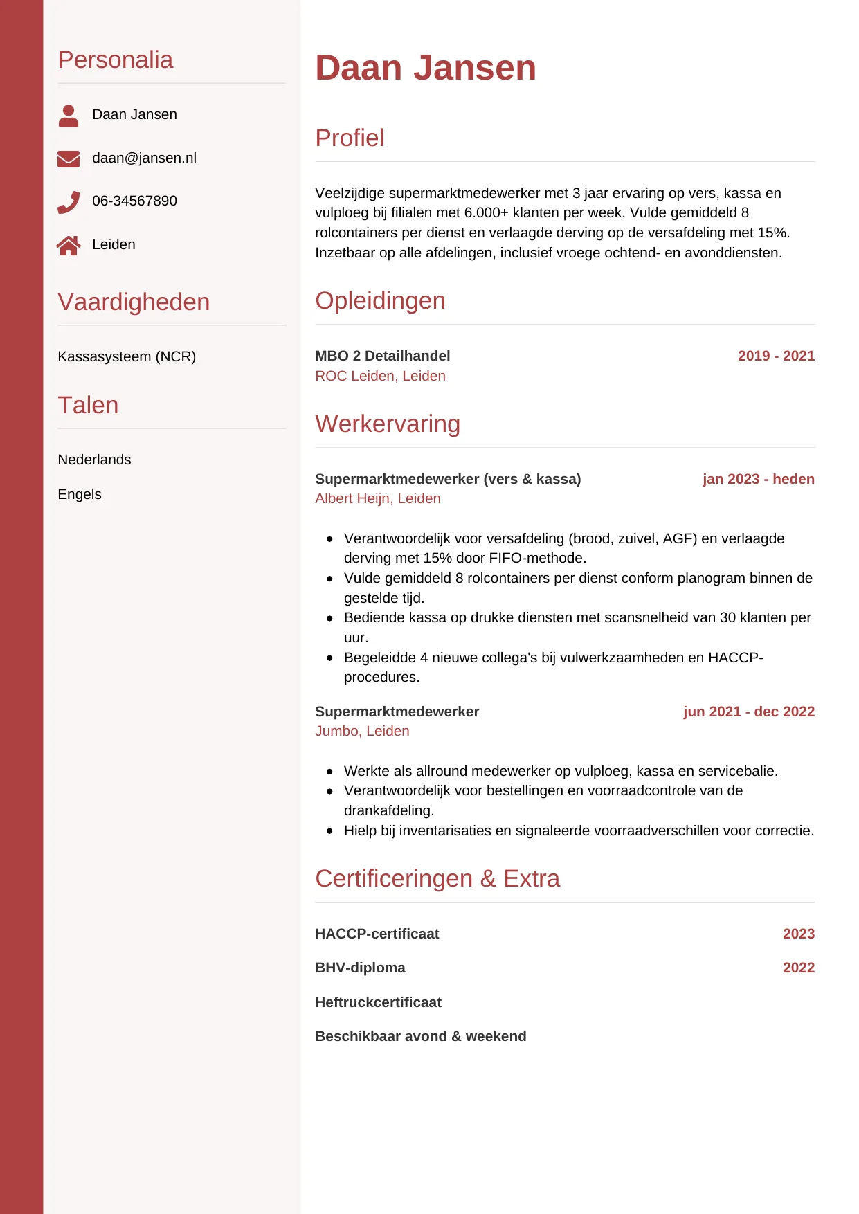 Voorbeeld CV voor supermarktmedewerker in template Verticaal. CV Verticaal voor supermarktmedewerker