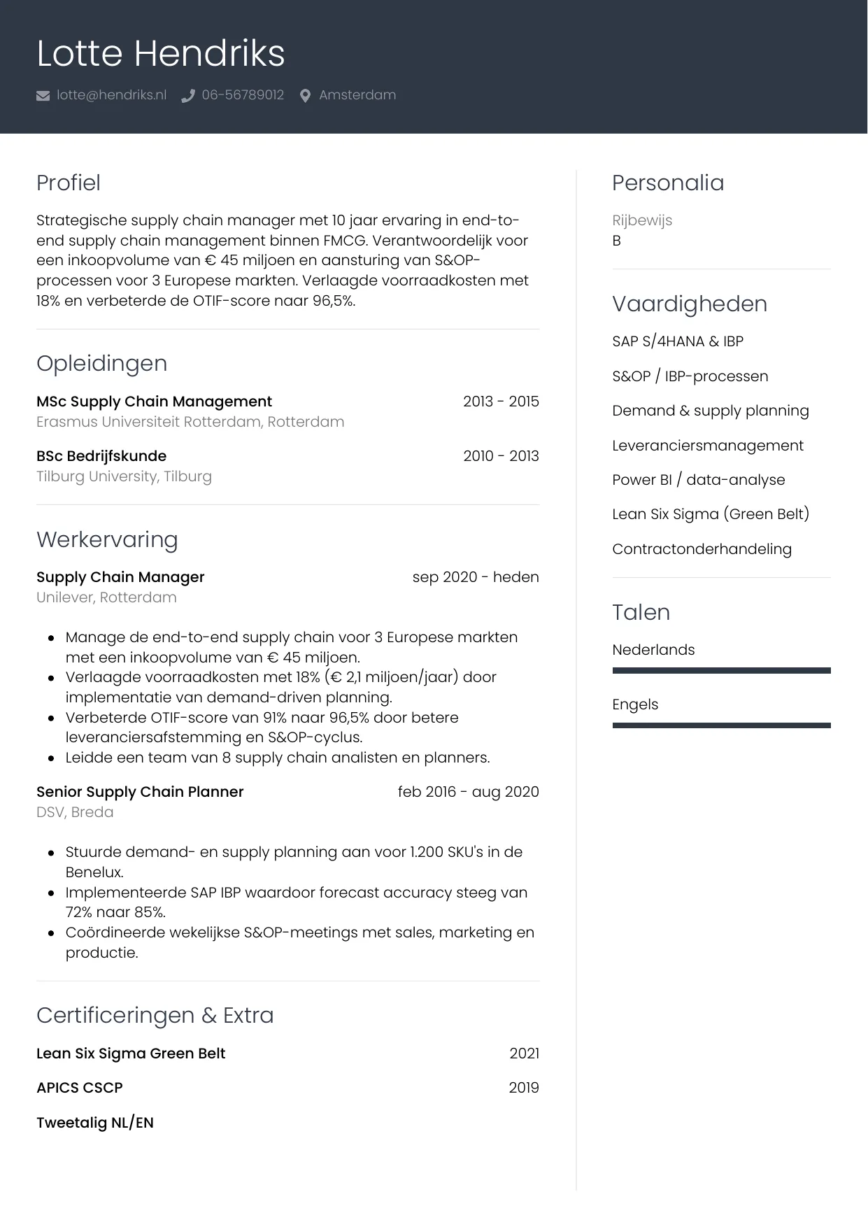 CV Professioneel voor supply chain manager