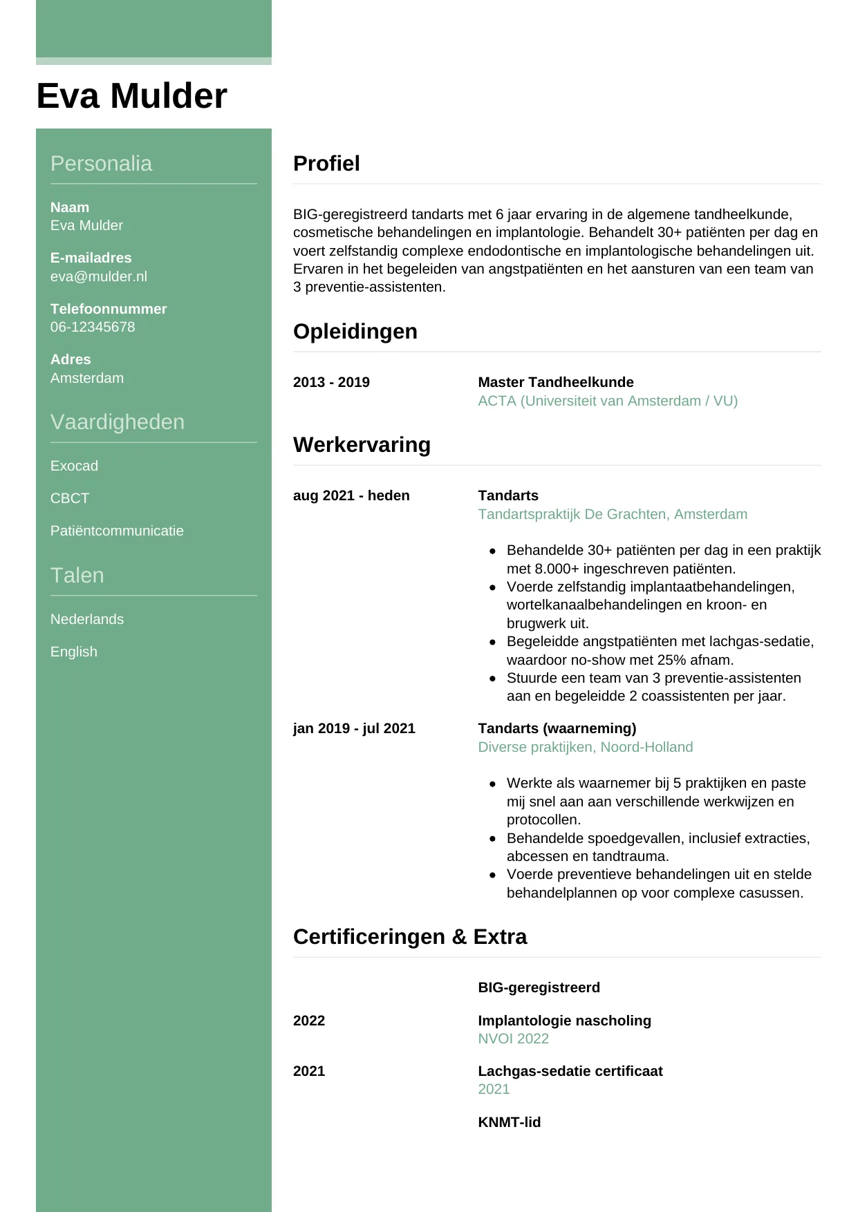 Voorbeeld CV voor tandarts in template Casual. CV Casual voor tandarts
