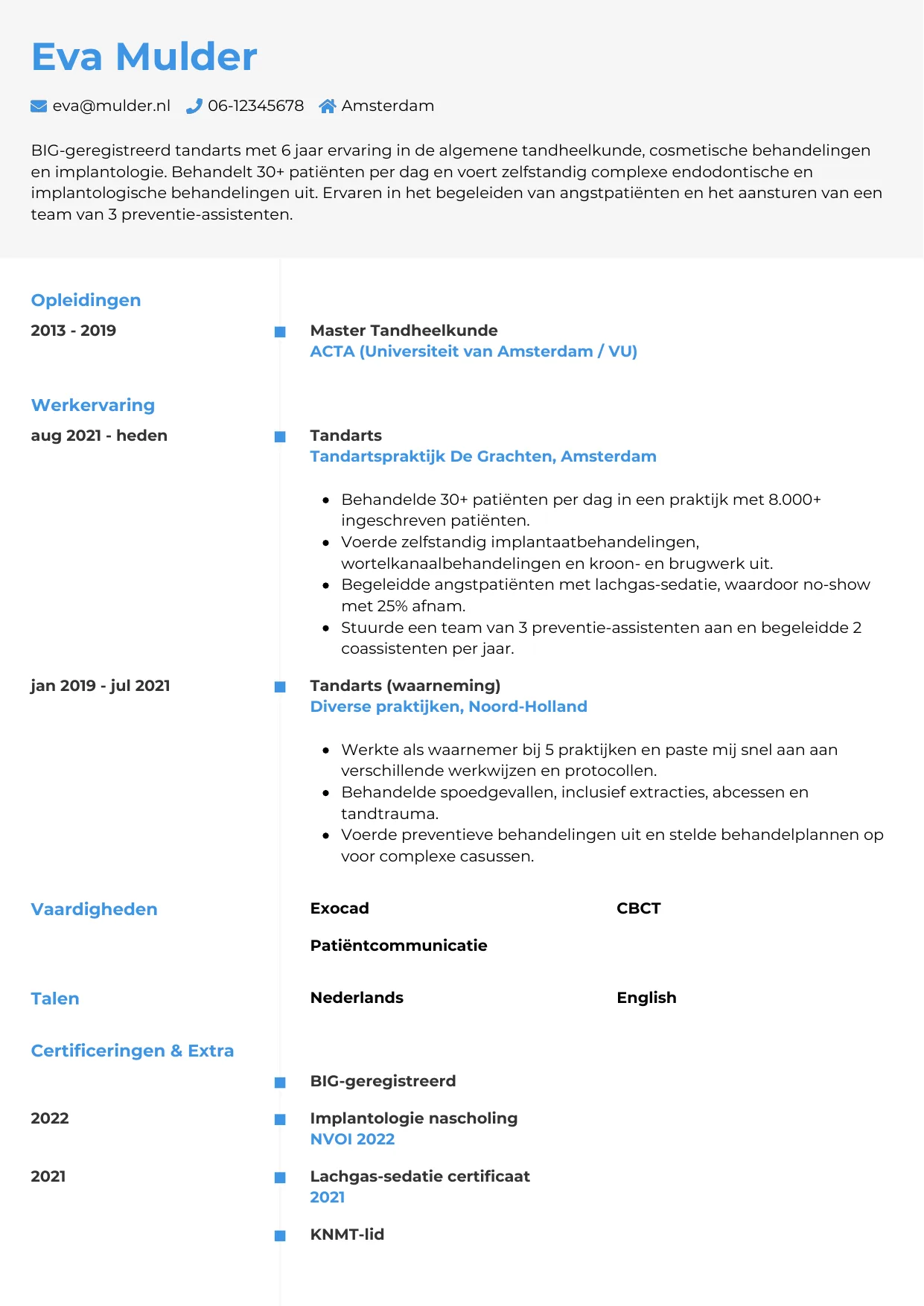 Voorbeeld CV voor tandarts in template Chrono. CV Chrono voor tandarts