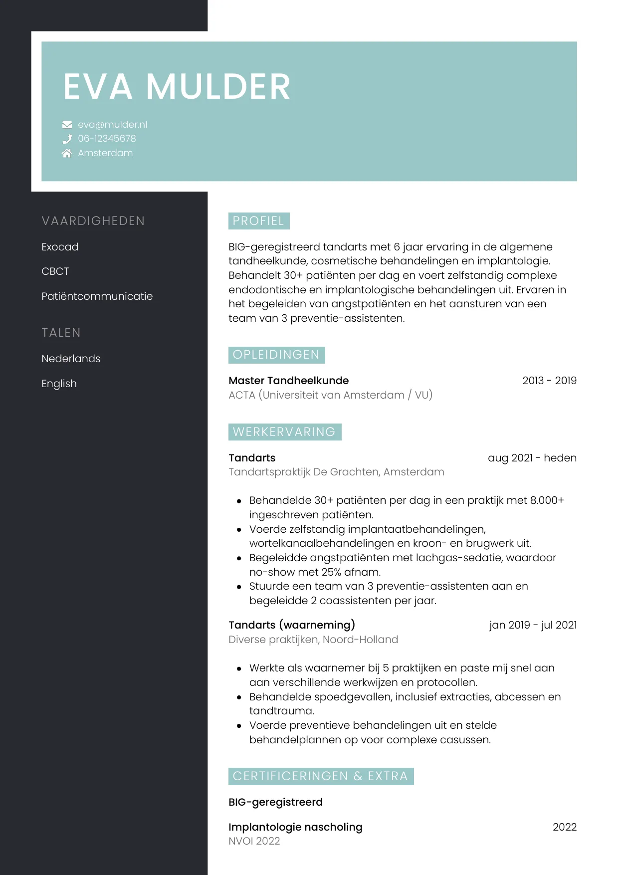 Voorbeeld CV voor tandarts in template Elegant. CV Elegant voor tandarts