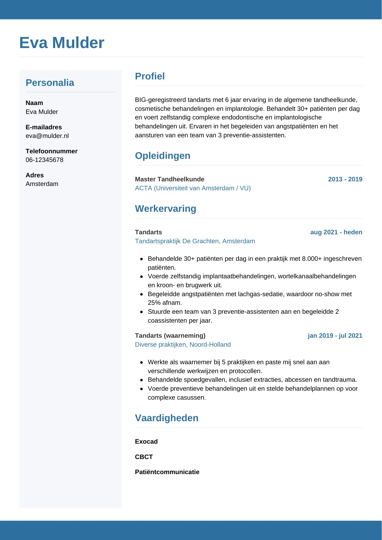 Voorbeeld CV voor tandarts in template Horizontaal. CV Horizontaal voor tandarts