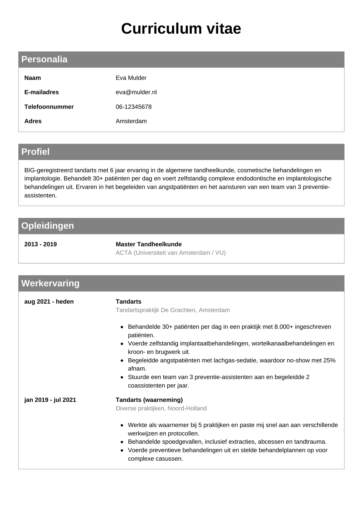 Voorbeeld CV voor tandarts in template Klassiek. CV Klassiek voor tandarts