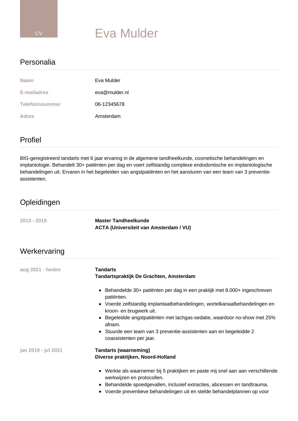 Voorbeeld CV voor tandarts in template Luxe. CV Luxe voor tandarts