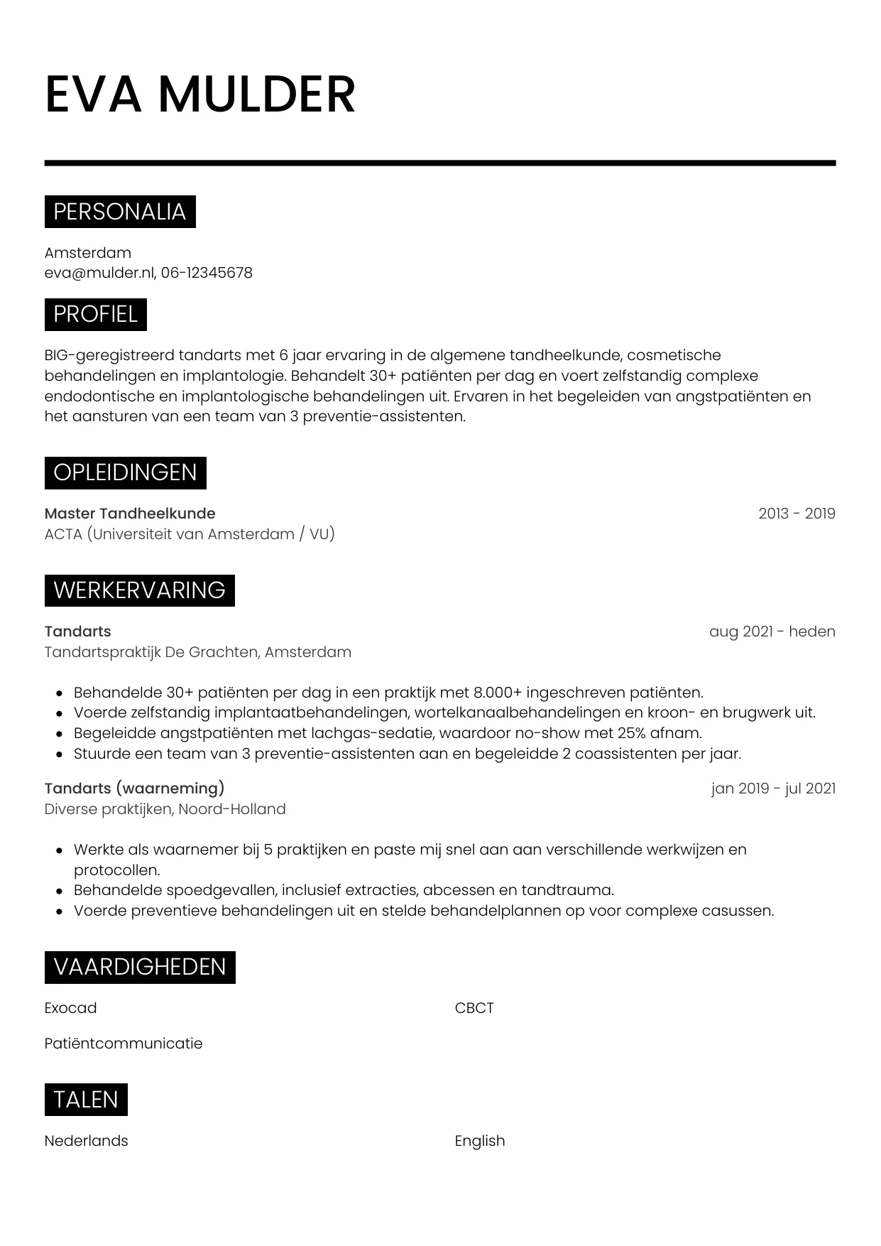 Voorbeeld CV voor tandarts in template Metro. CV Metro voor tandarts