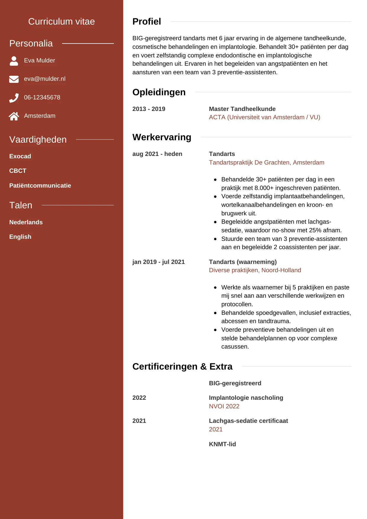 Voorbeeld CV voor tandarts in template Modern. CV Modern voor tandarts