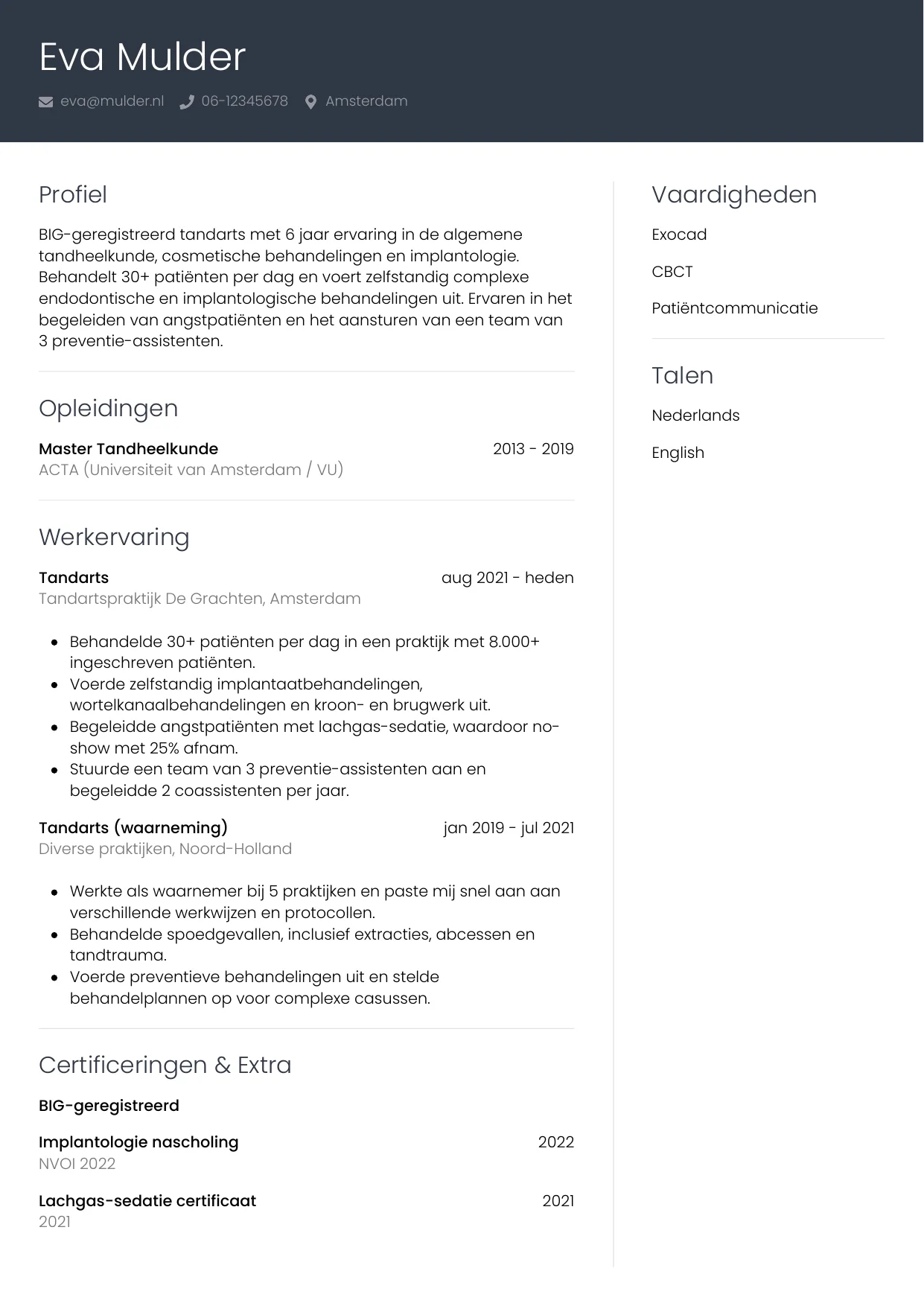 Voorbeeld CV voor tandarts in template Professioneel. CV Professioneel voor tandarts