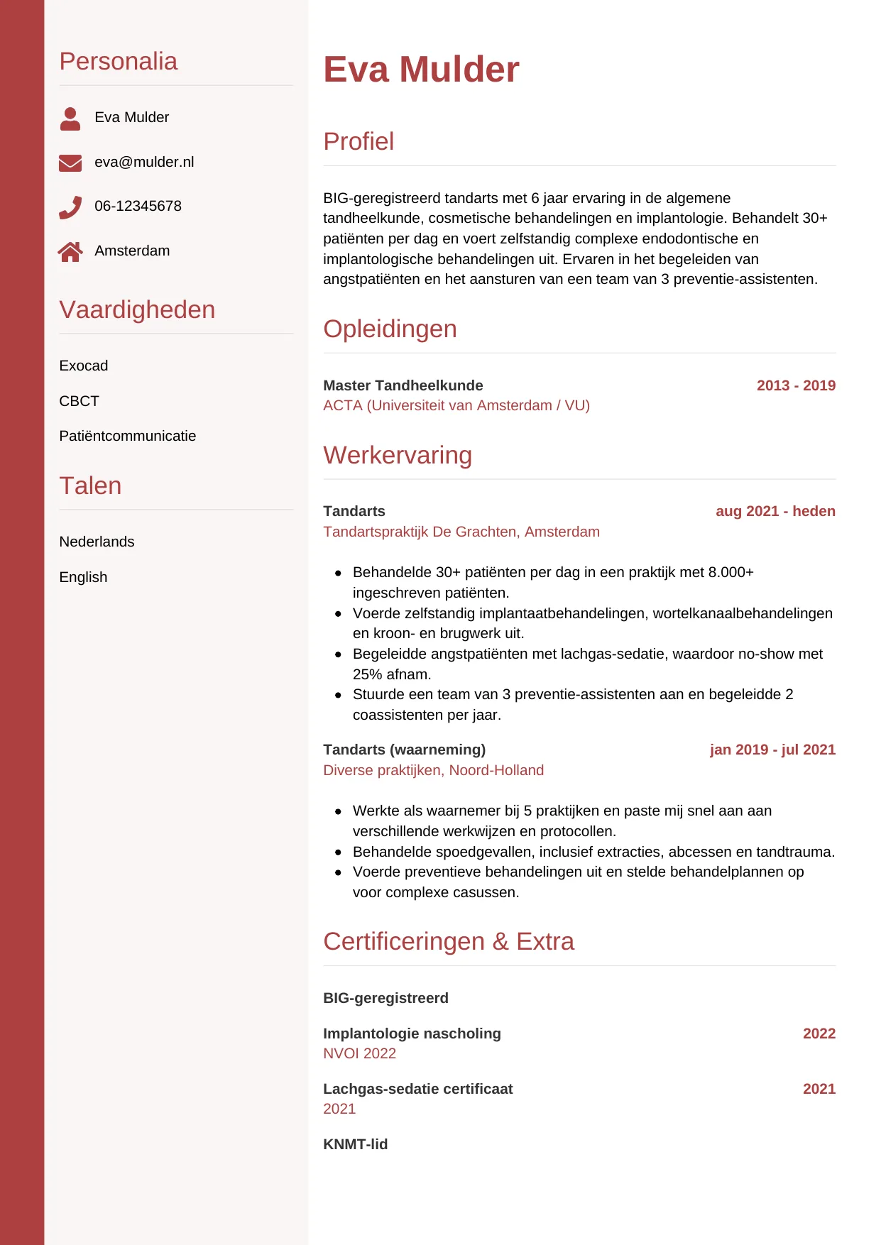 Voorbeeld CV voor tandarts in template Verticaal. CV Verticaal voor tandarts