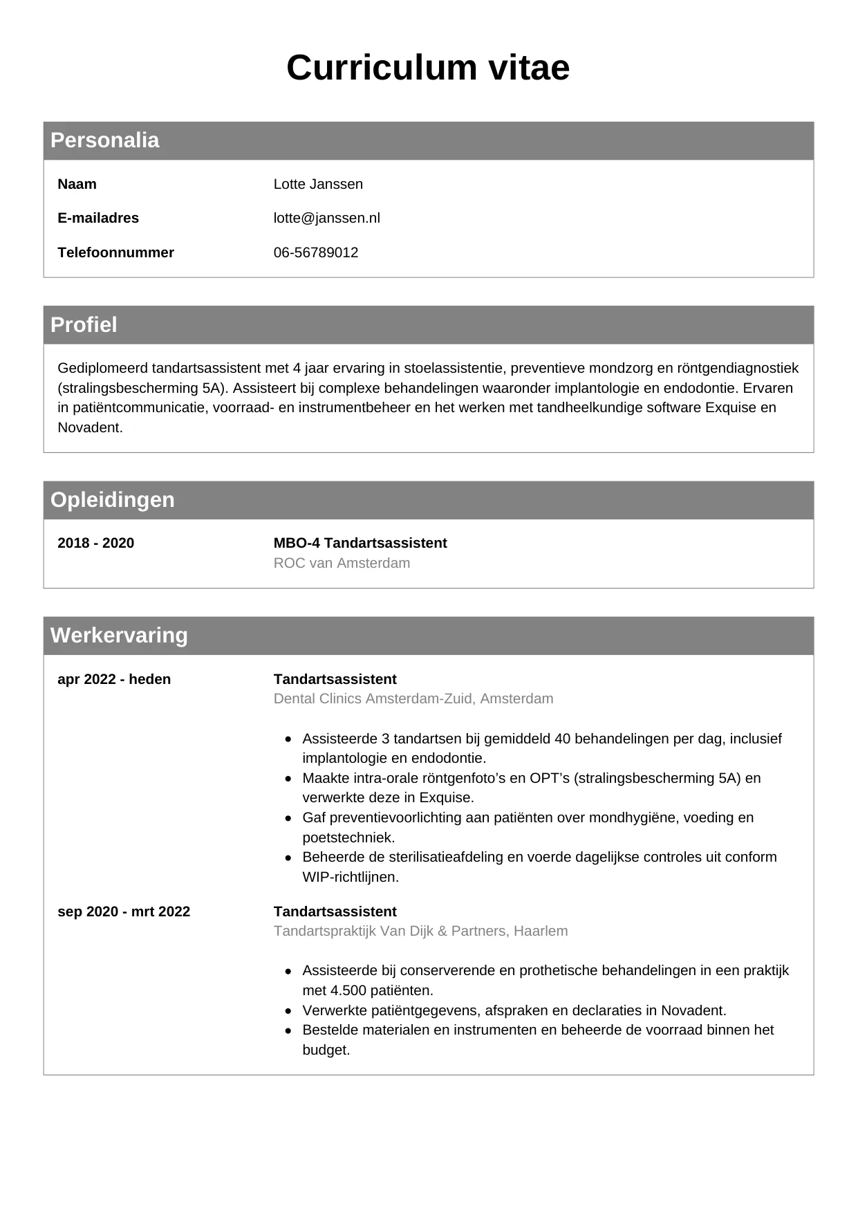 CV Klassiek voor tandartsassistent