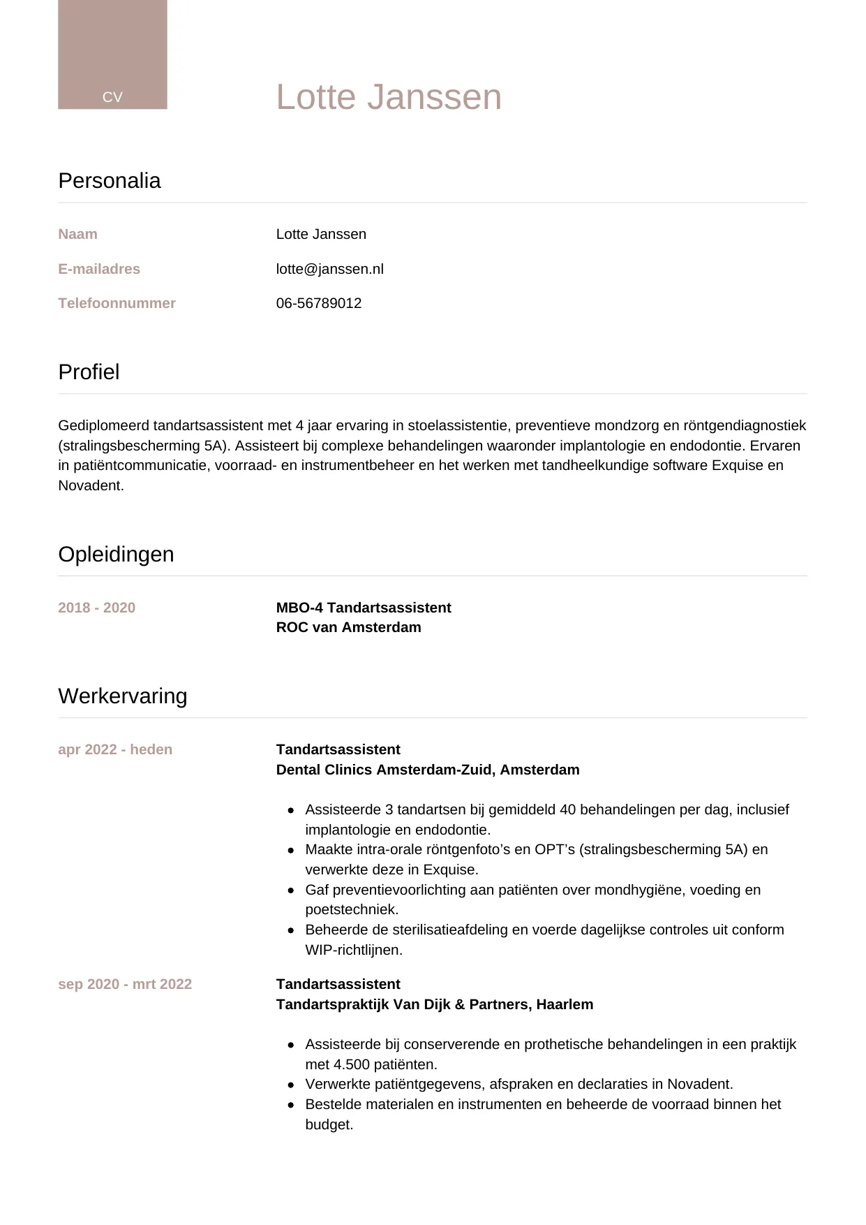 CV Luxe voor tandartsassistent