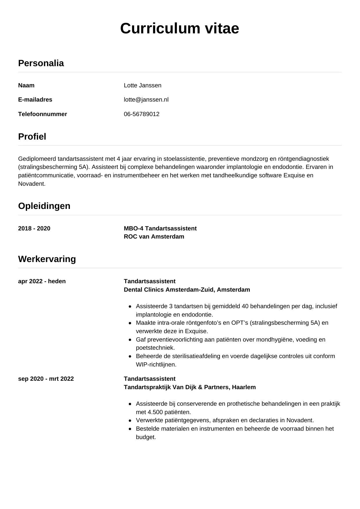 CV Simpel voor tandartsassistent