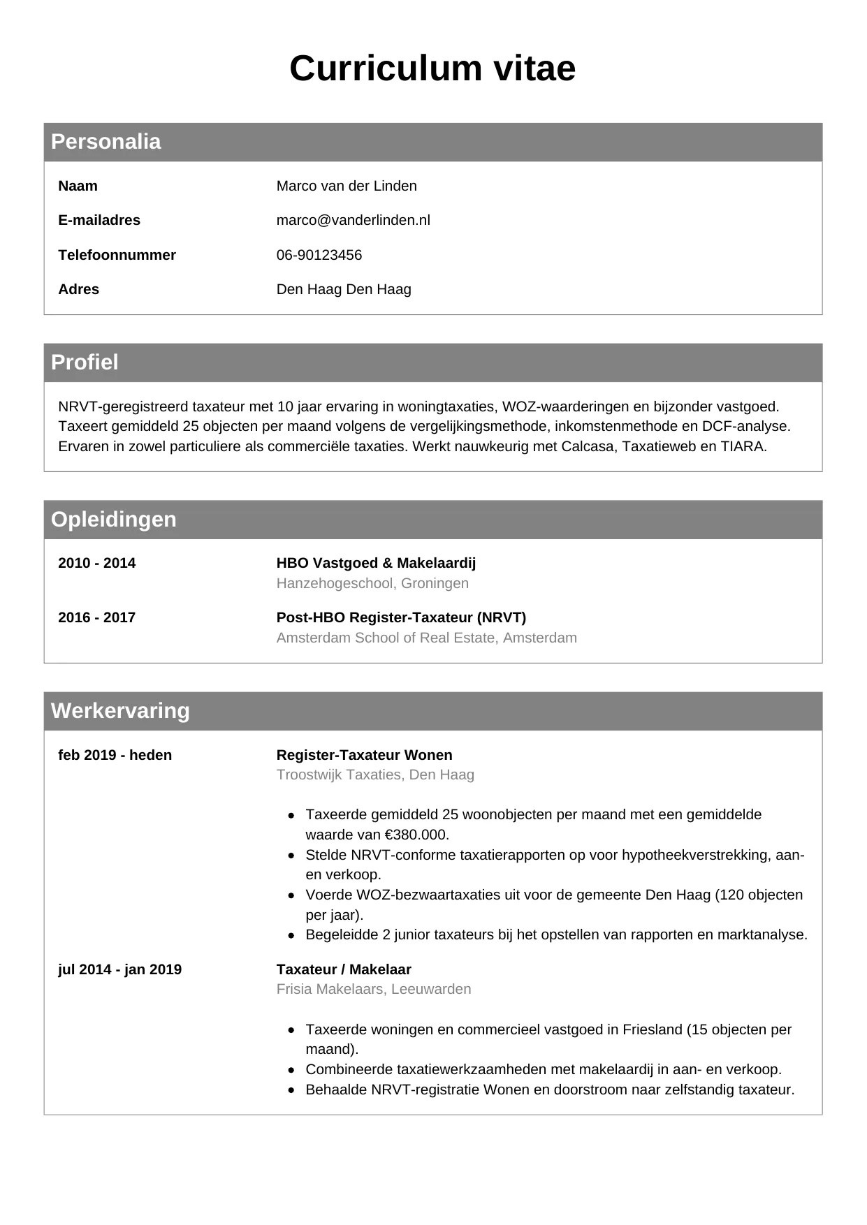 CV Klassiek voor taxateur
