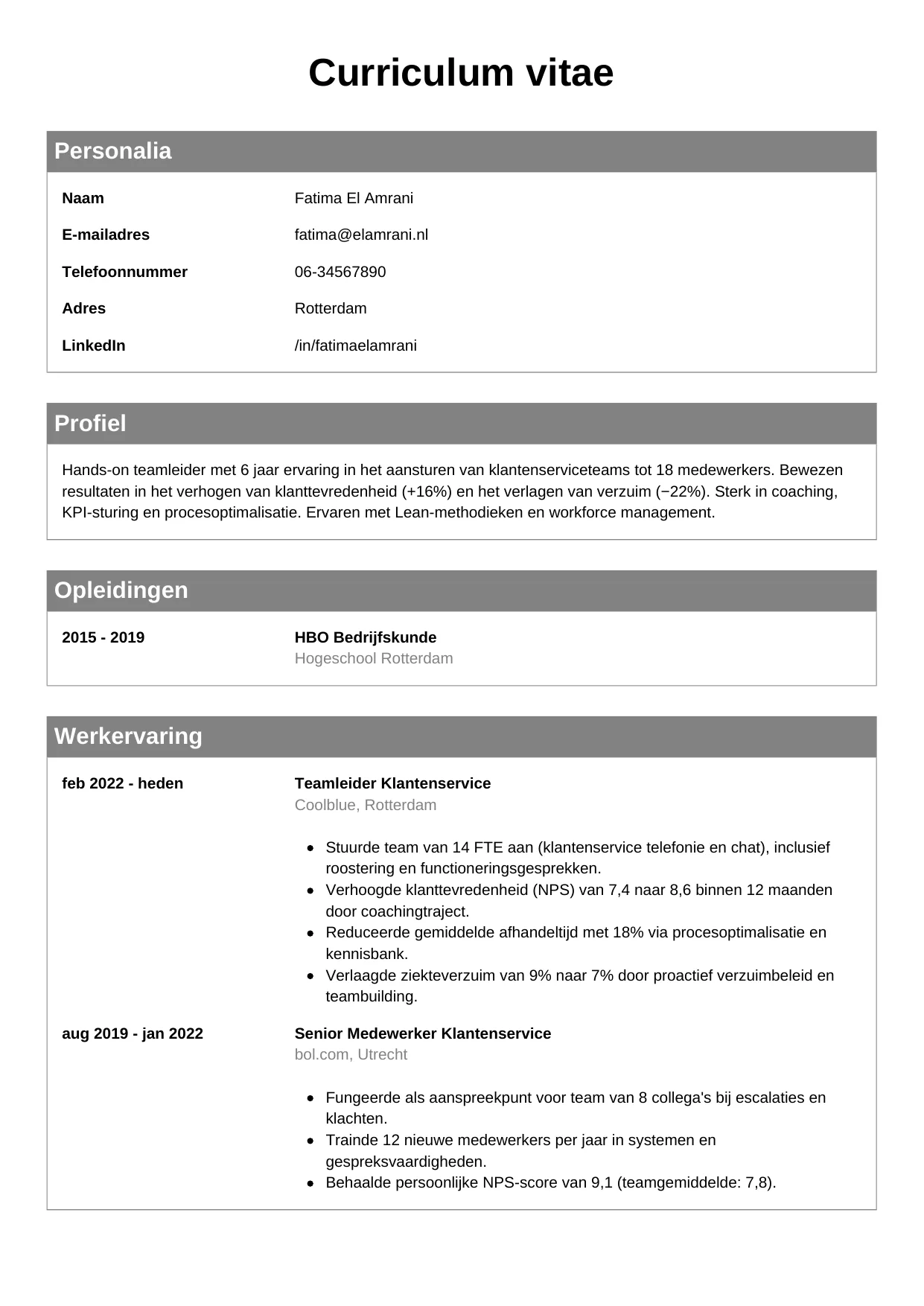 CV Klassiek voor teamleider