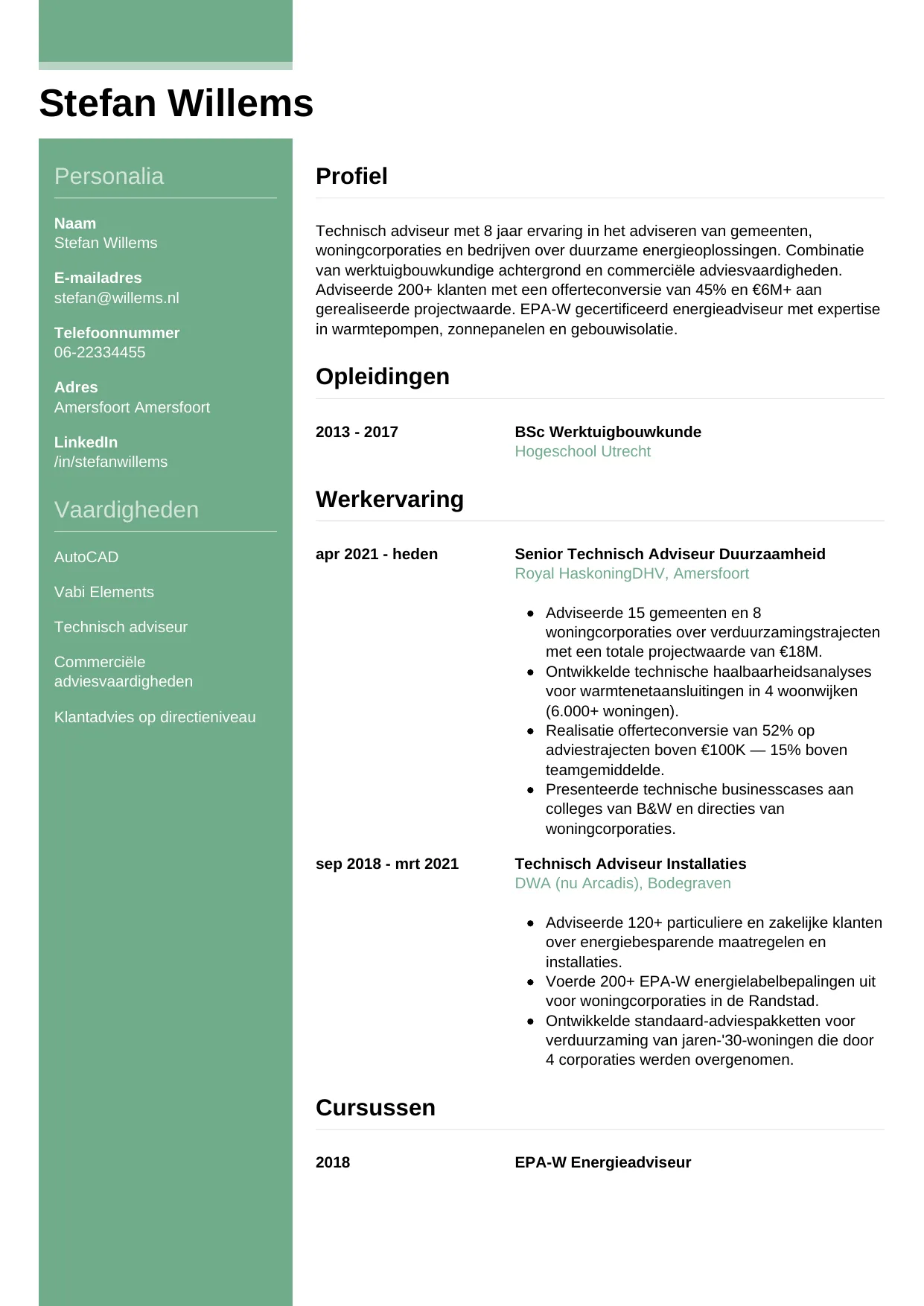 Voorbeeld CV voor technisch adviseur in template Casual. CV Casual voor technisch adviseur