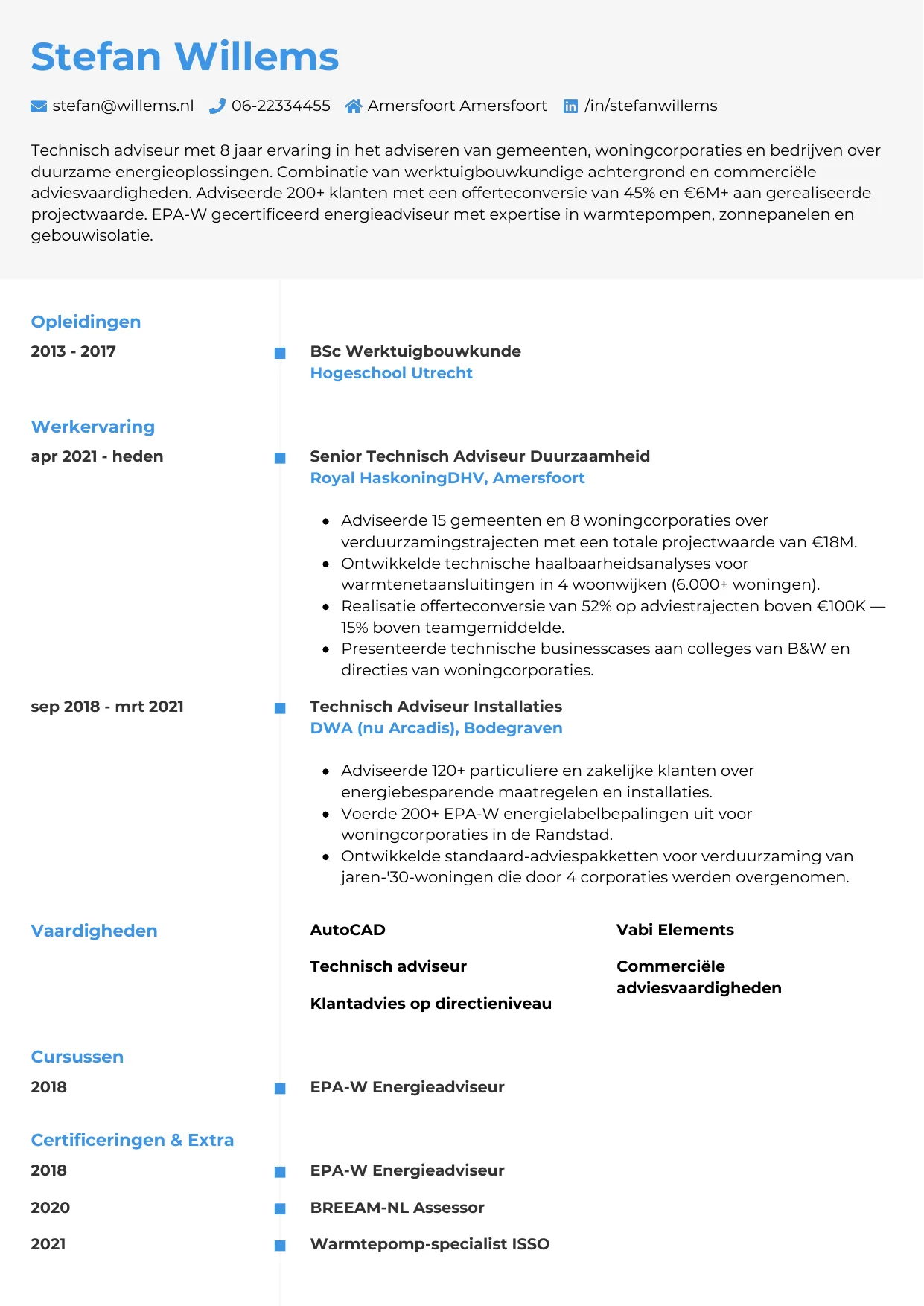 Voorbeeld CV voor technisch adviseur in template Chrono. CV Chrono voor technisch adviseur