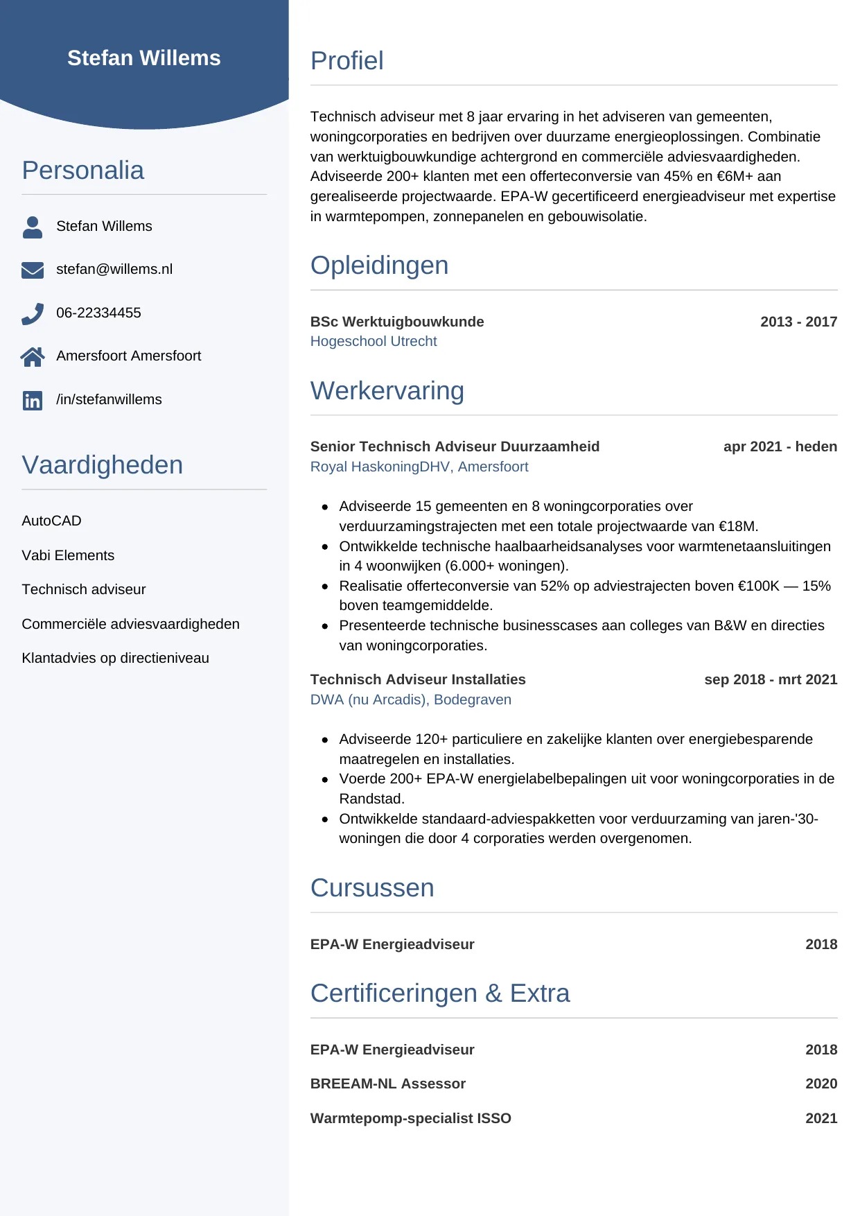 Voorbeeld CV voor technisch adviseur in template Circulair. CV Circulair voor technisch adviseur