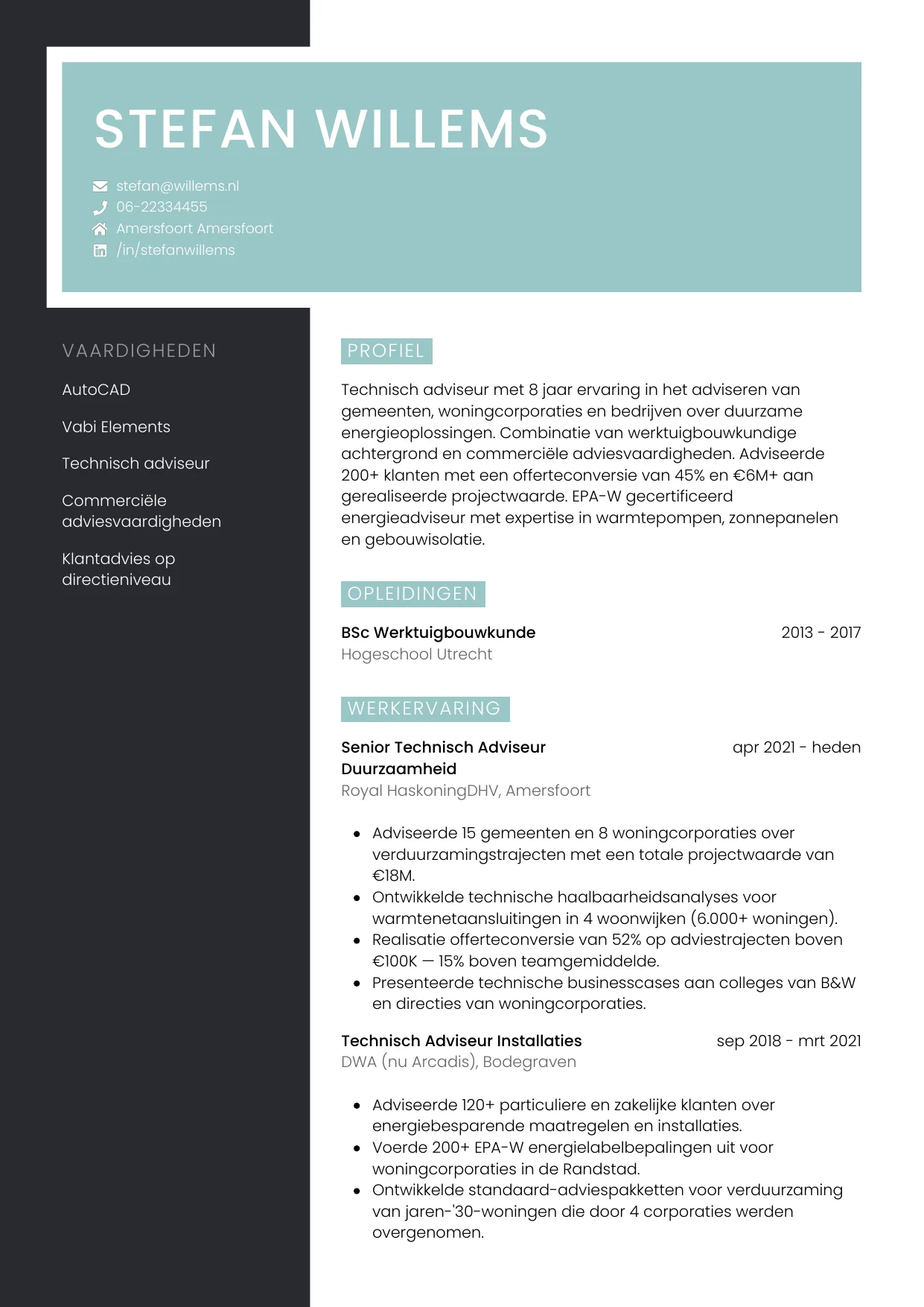 Voorbeeld CV voor technisch adviseur in template Elegant. CV Elegant voor technisch adviseur