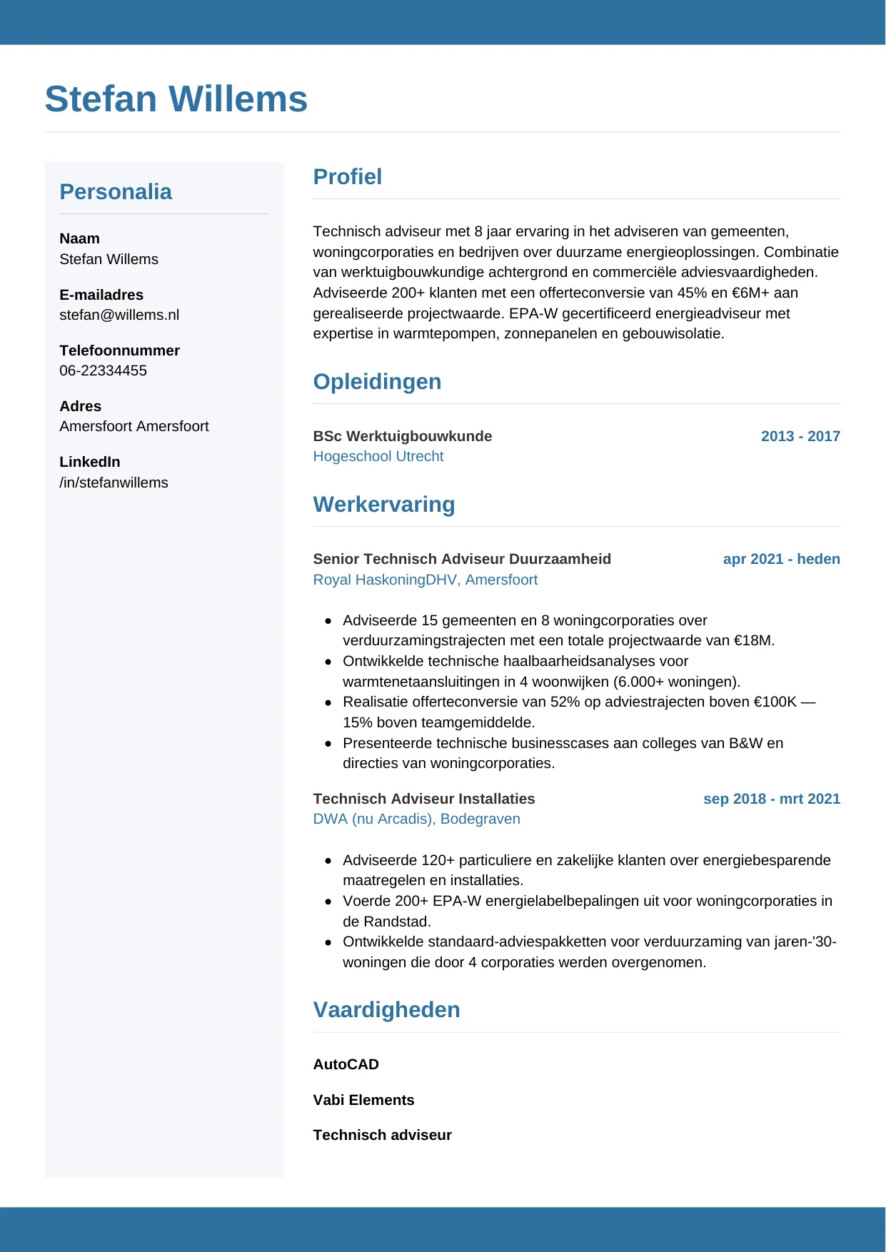 Voorbeeld CV voor technisch adviseur in template Horizontaal. CV Horizontaal voor technisch adviseur