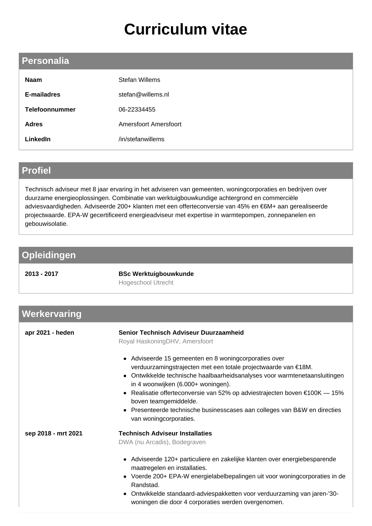 Voorbeeld CV voor technisch adviseur in template Klassiek. CV Klassiek voor technisch adviseur