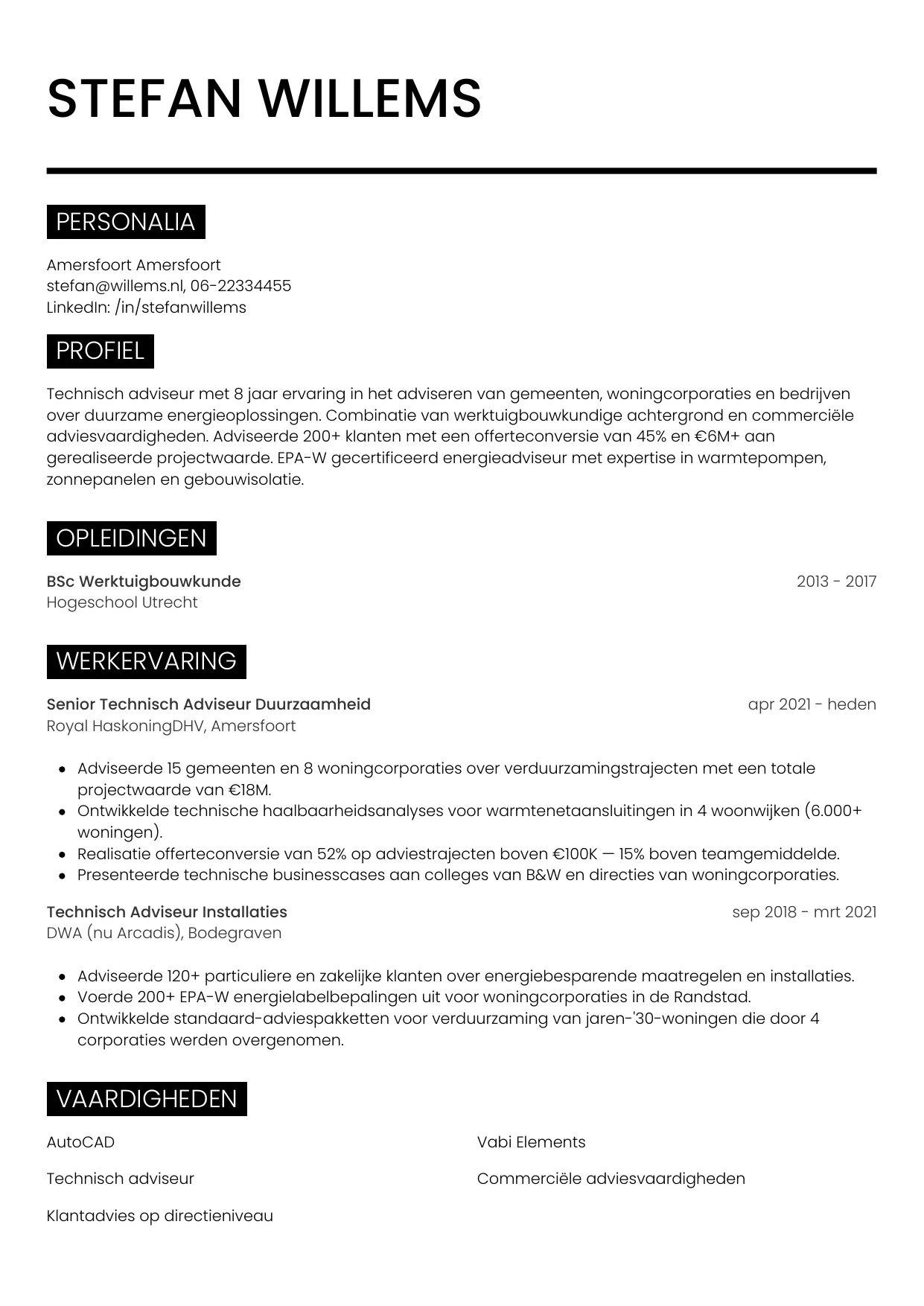 Voorbeeld CV voor technisch adviseur in template Metro. CV Metro voor technisch adviseur